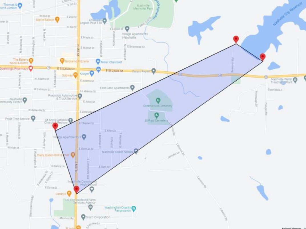 Residents living inside the area shown in the gray box are being asked to evacuate in advance of the Nashville, Illinois reservoir dam’s ‘imminent’ failure