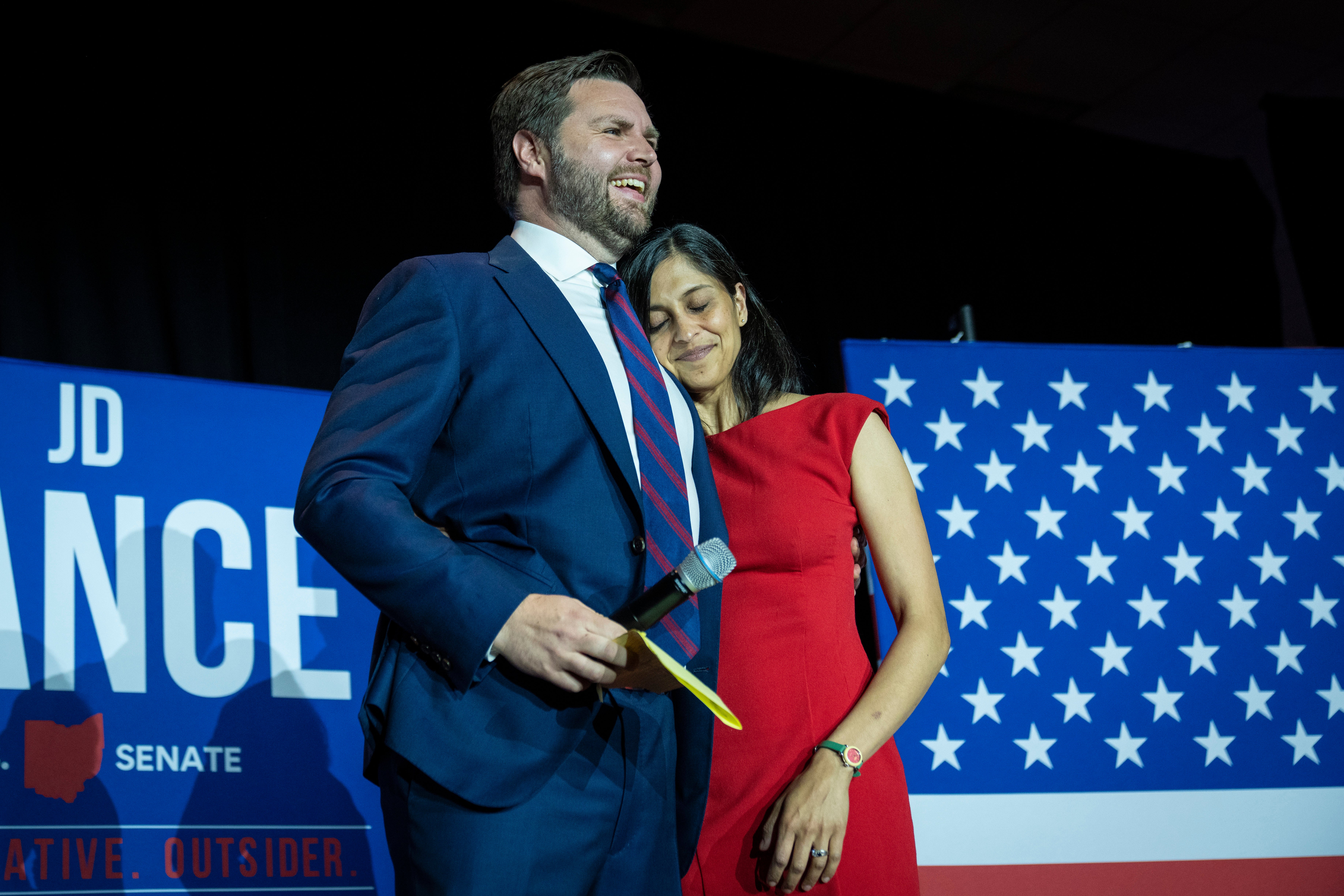 The Vances embrace after JD secured the primary for his Senate seat on May 3, 2022, in Cincinnati, Ohio