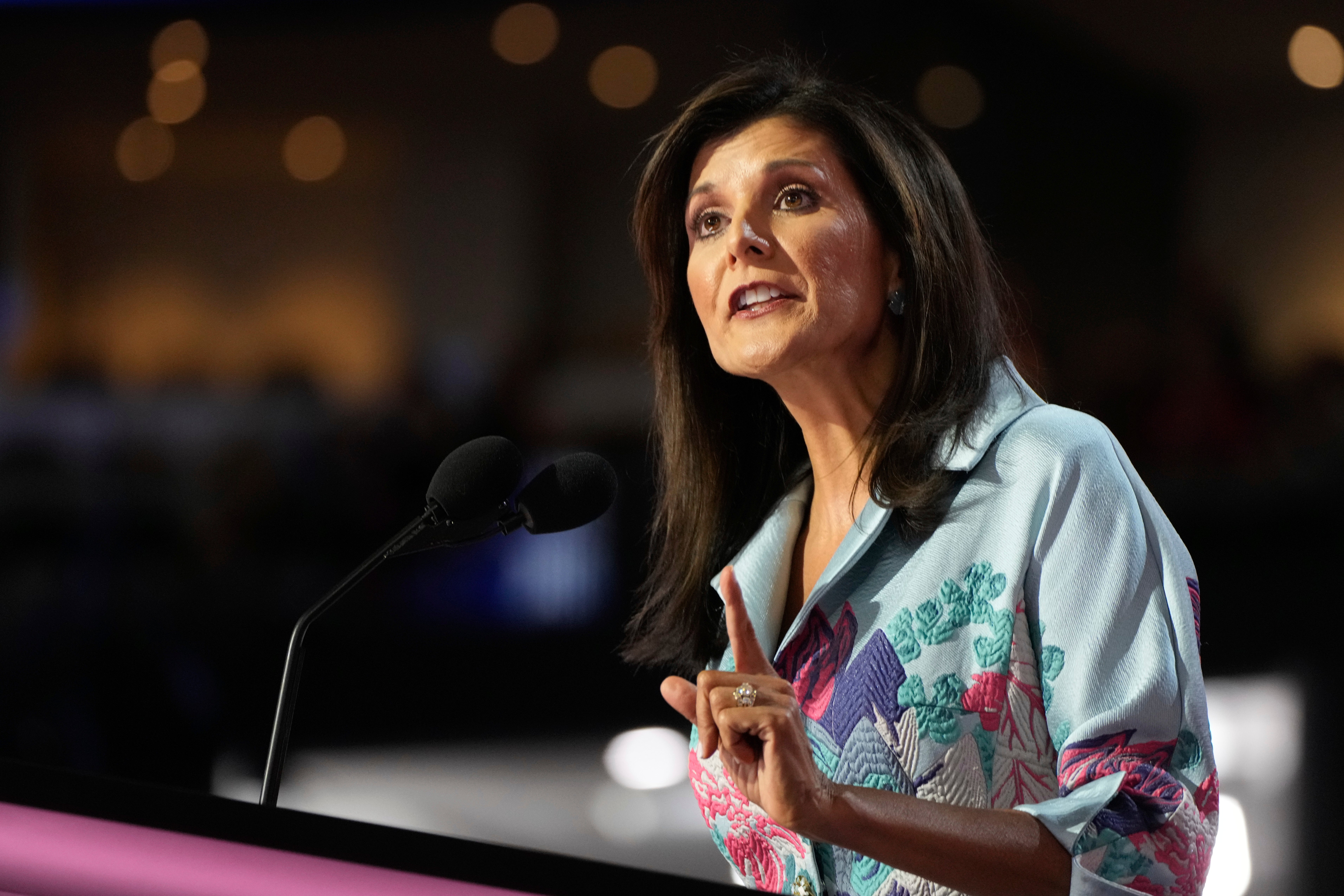 Former UN ambassador Nikki Haley speaks during the Republican National Convention in Milwaukee. Haley said Republicans attacking Vice President Kamala Harris as a “DEI” canddiate are “not helpful” to Trump’s 2024 campaign