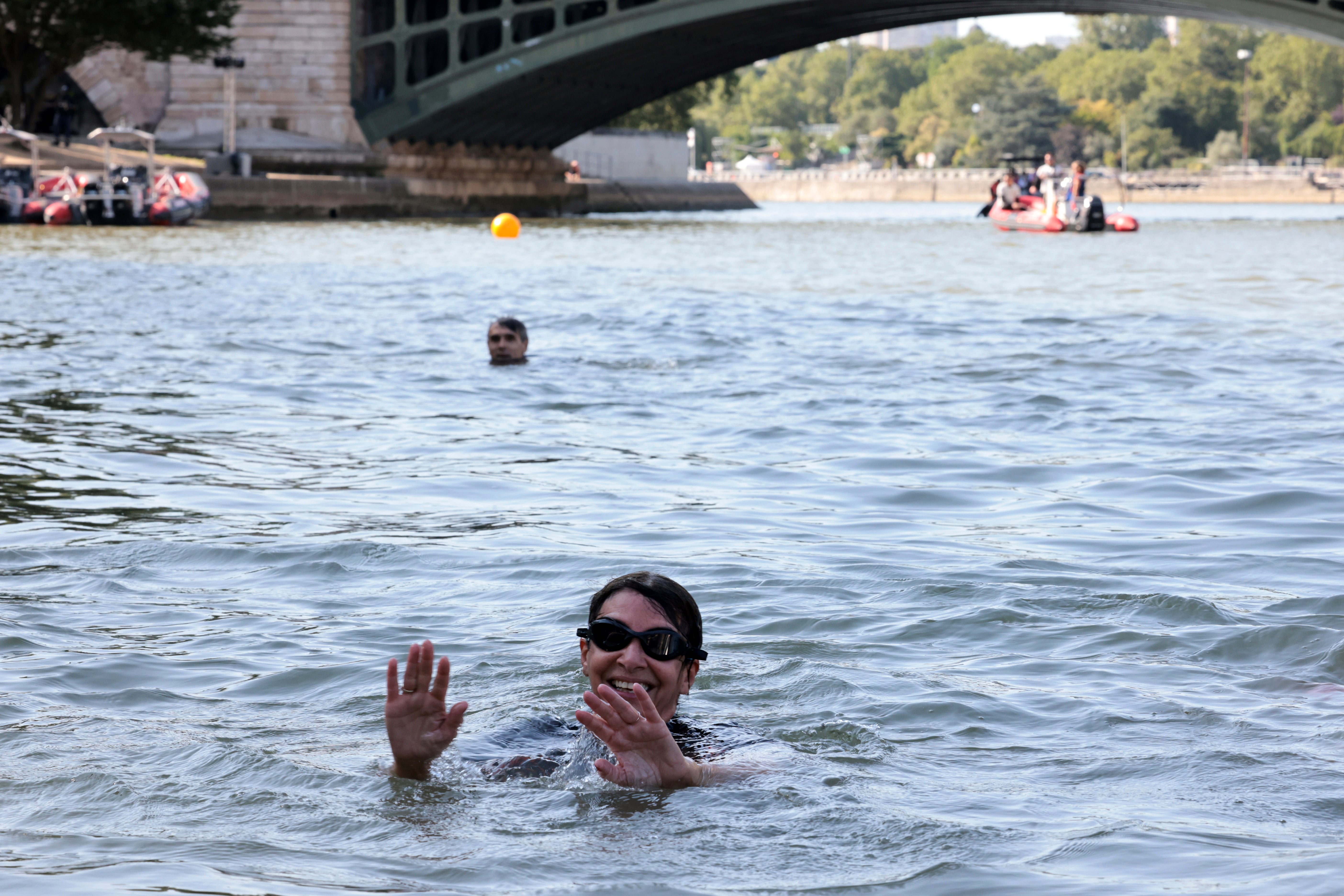 Paris mayor Anne Hidalgo is pictured taking a dip in the River Seine