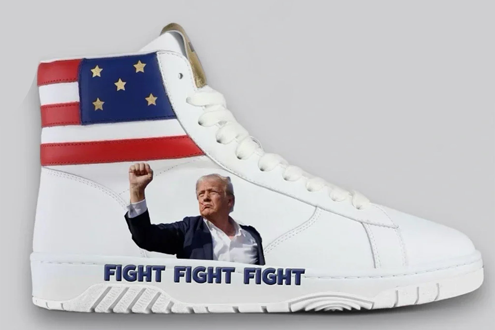 The shoes feature image of Trump’s bloody face and raised fist in the aftermath of Saturday’s assasination attempt