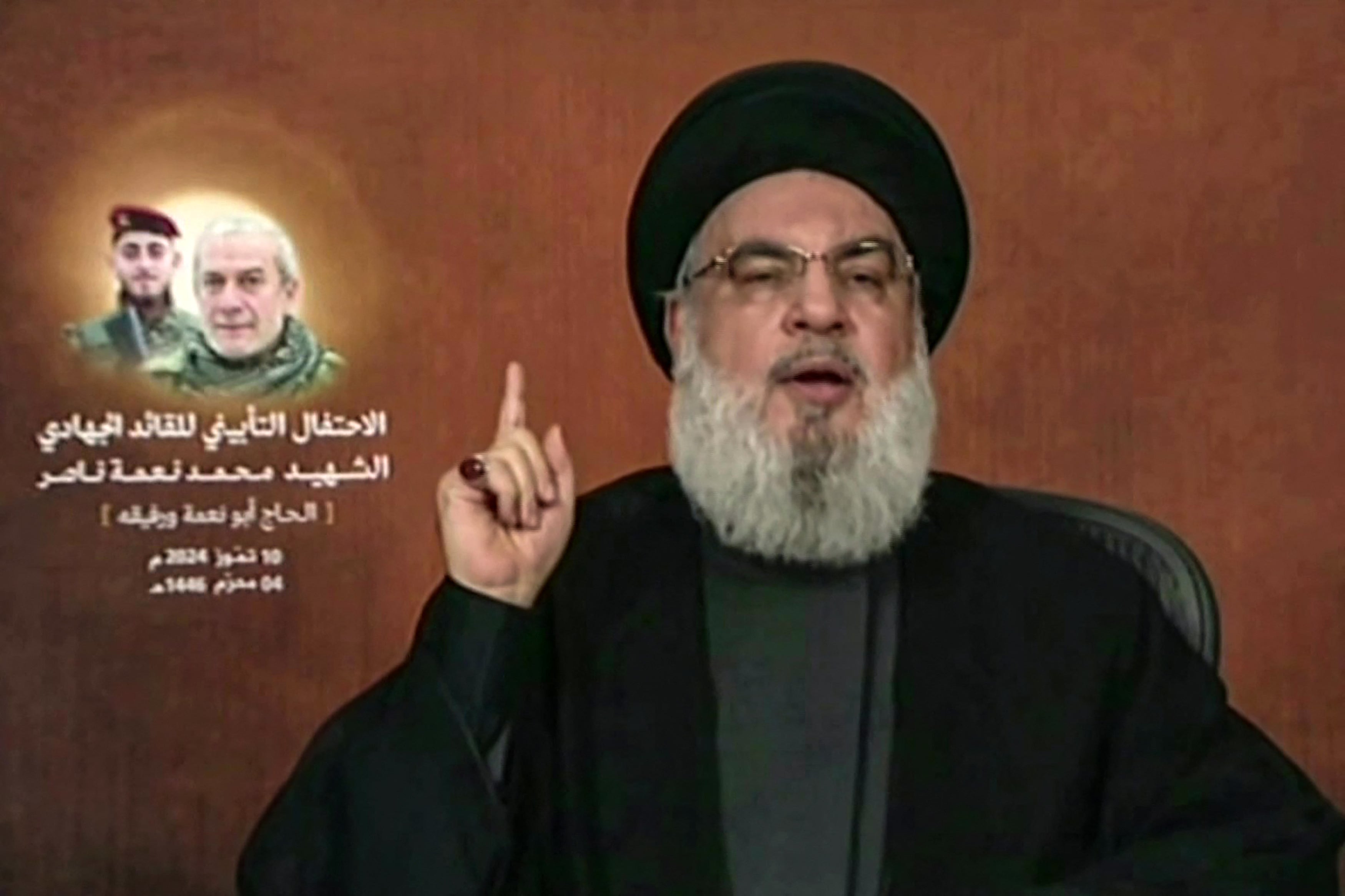 Hezbollah chief Hassan Nasrallah giving a televised address from an undisclosed location in Lebanon