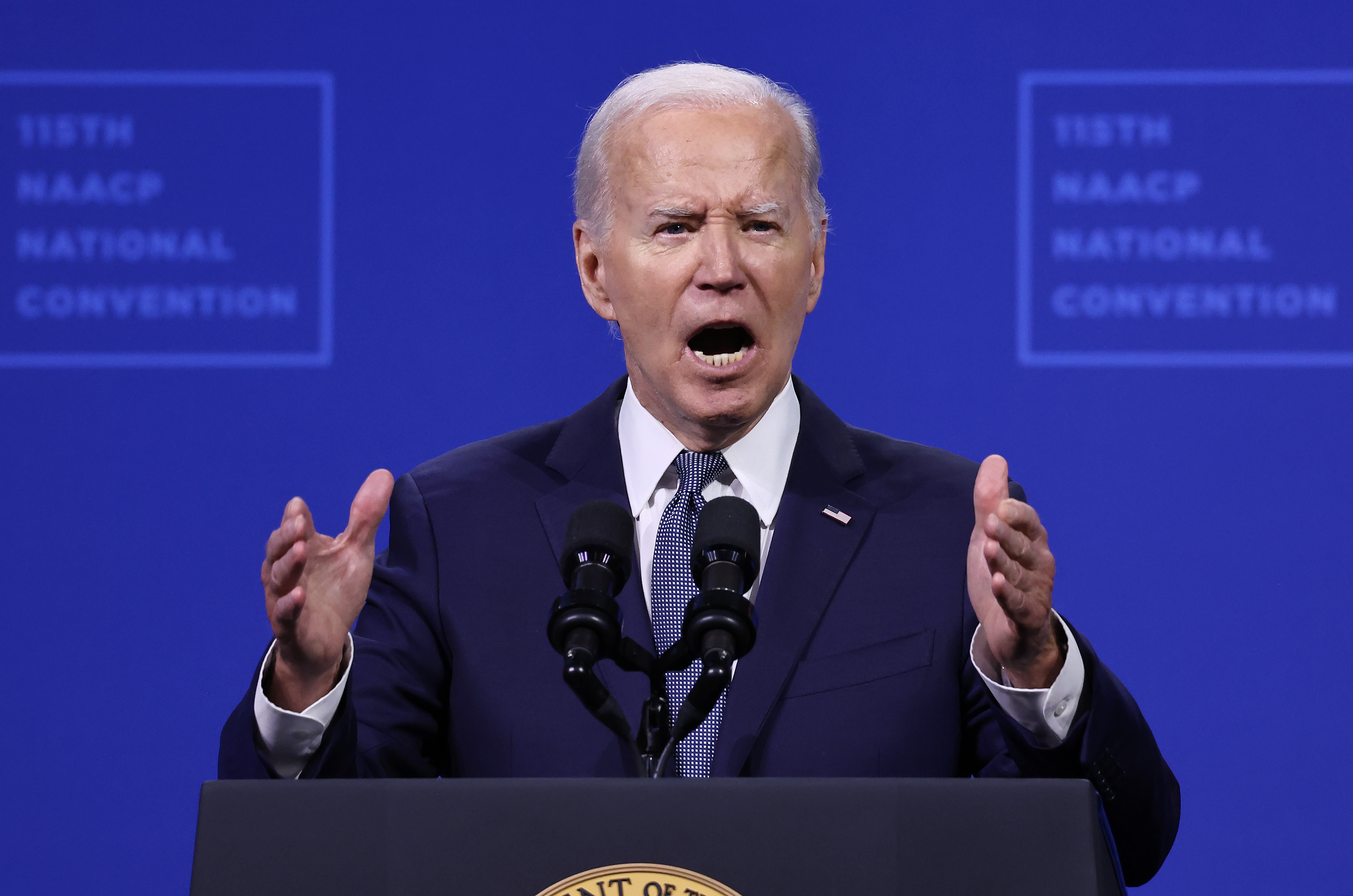 President Joe Biden speaks at the 115th NAACP National Convention on July 16 in Las Vegas, where he ripped Donald Trump’s “Black jobs” remark and pointed to record unemployment levels for Black Americans.