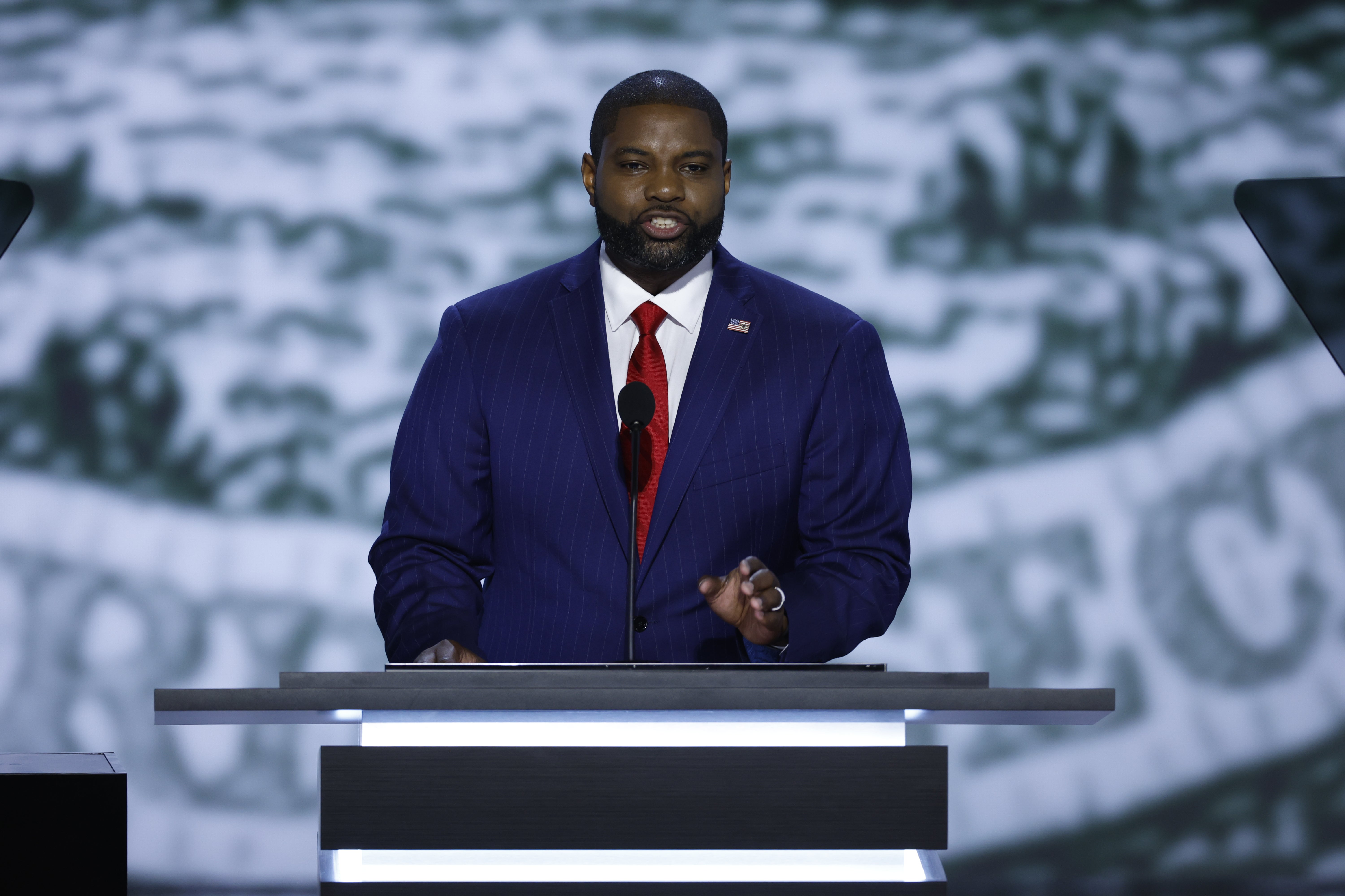 U.S. Rep. Byron Donalds (R-FL) speaks on stage on the first day of the Republican National Convention at the Fiserv Forum on July 15, 2024 in Milwaukee, Wisconsin. Donalds has emerged as one of the most visible Black voices in the Republican Party