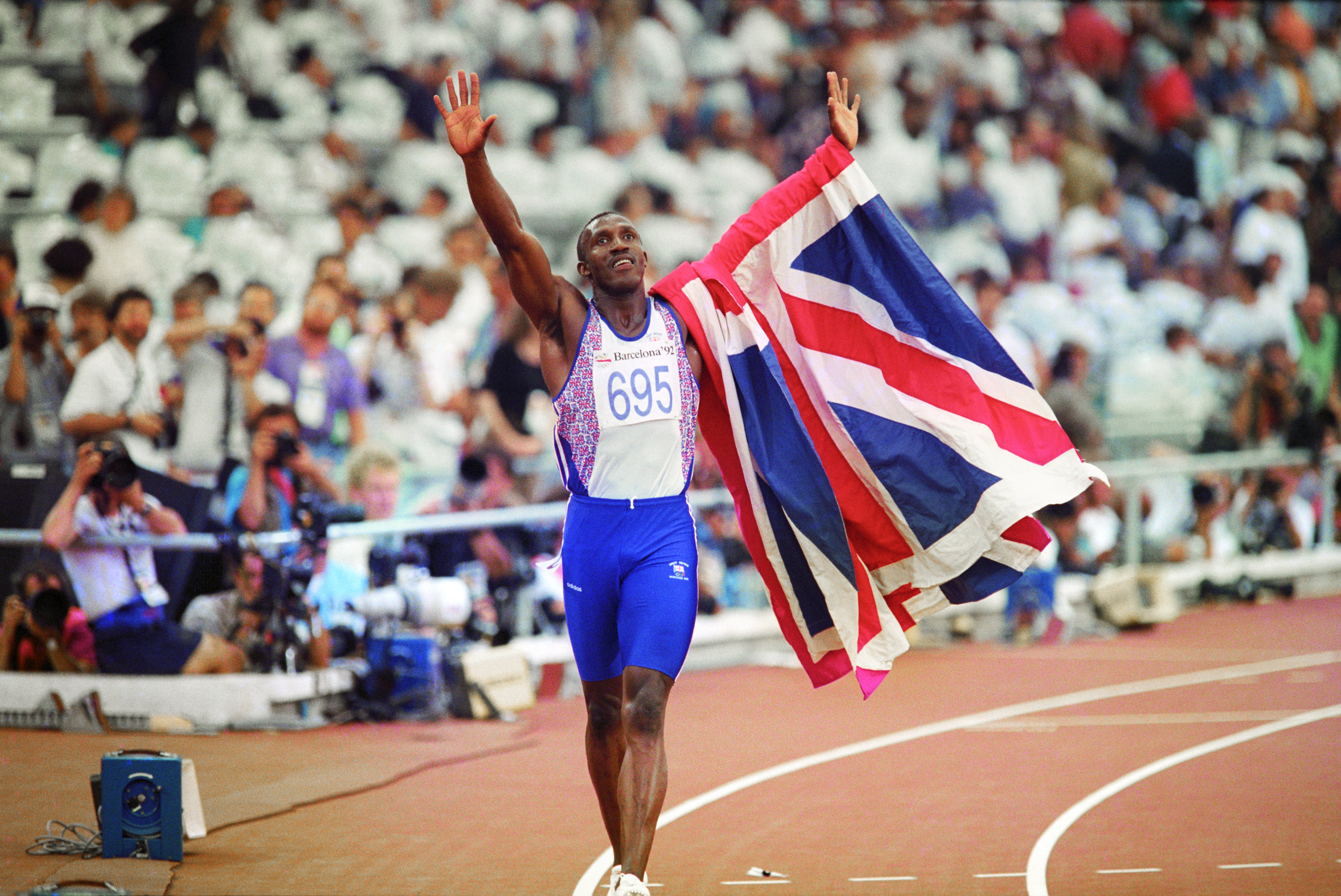 Linford Christie celebrating his Olympic gold in Barcelona on August 1, 1992