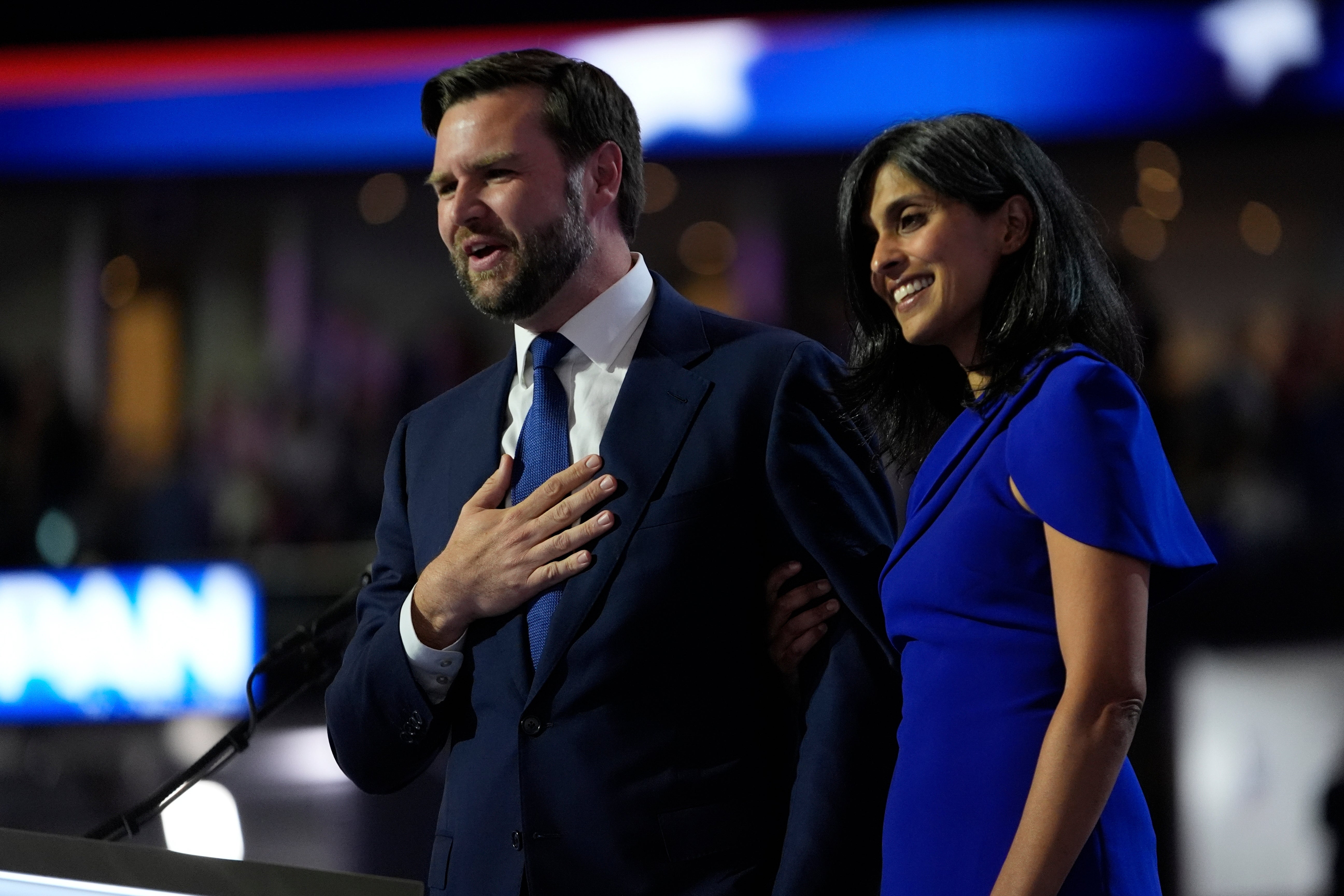 The Vances acknowledge the crowd during the Republican National Convention Wednesday