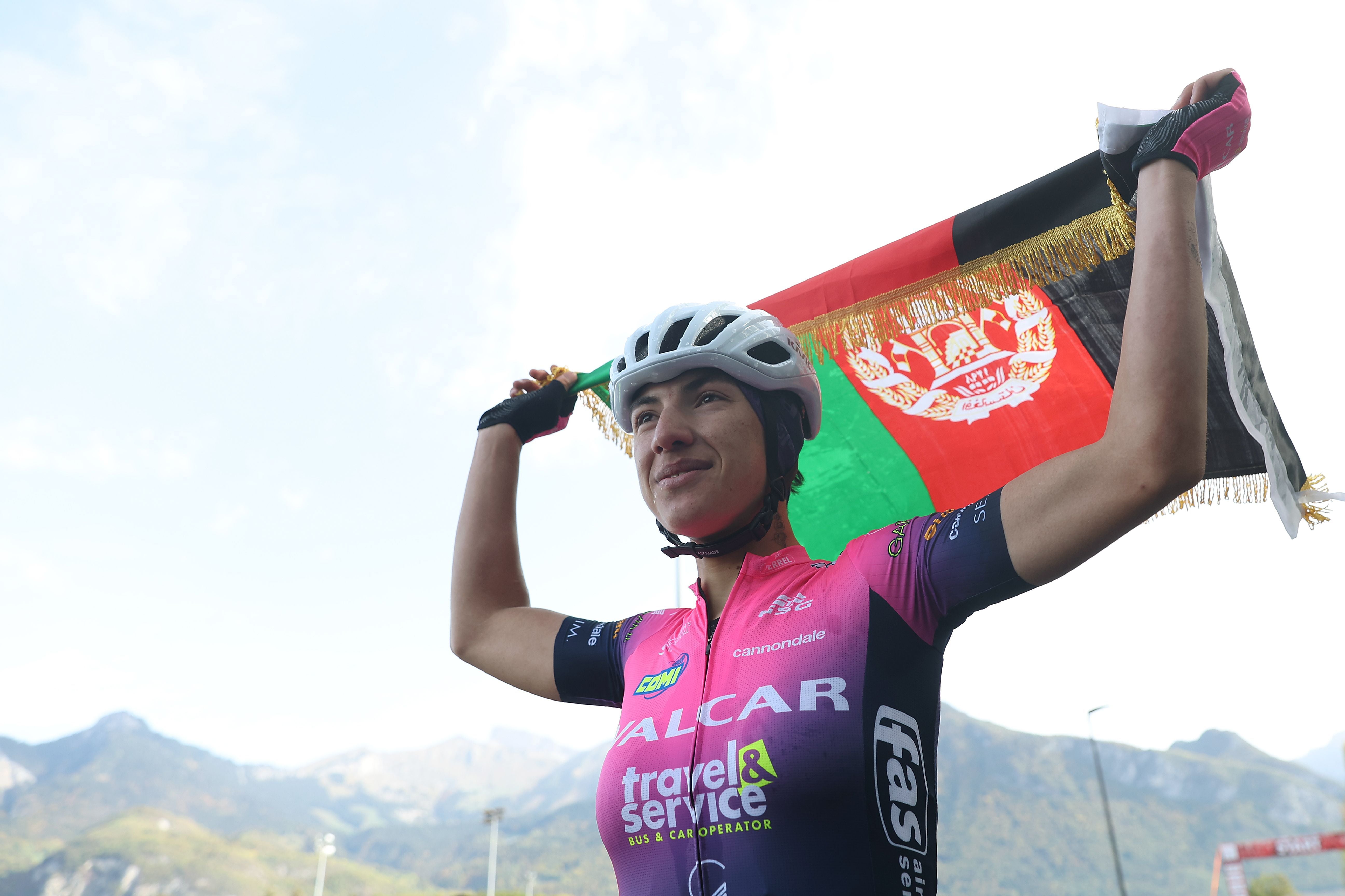 Fariba Hashimi of Afghanistan celebrates after winning the 2022 Women’s Road Championships of Afghanistan in Aigle, Switzerland