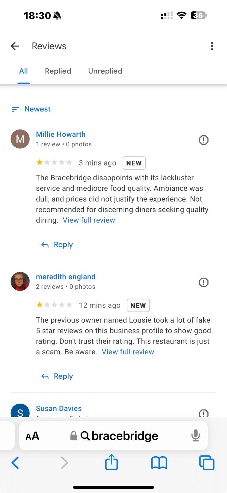 The first two fake reviews that appeared about The Bracebridge in Birmingham on Google