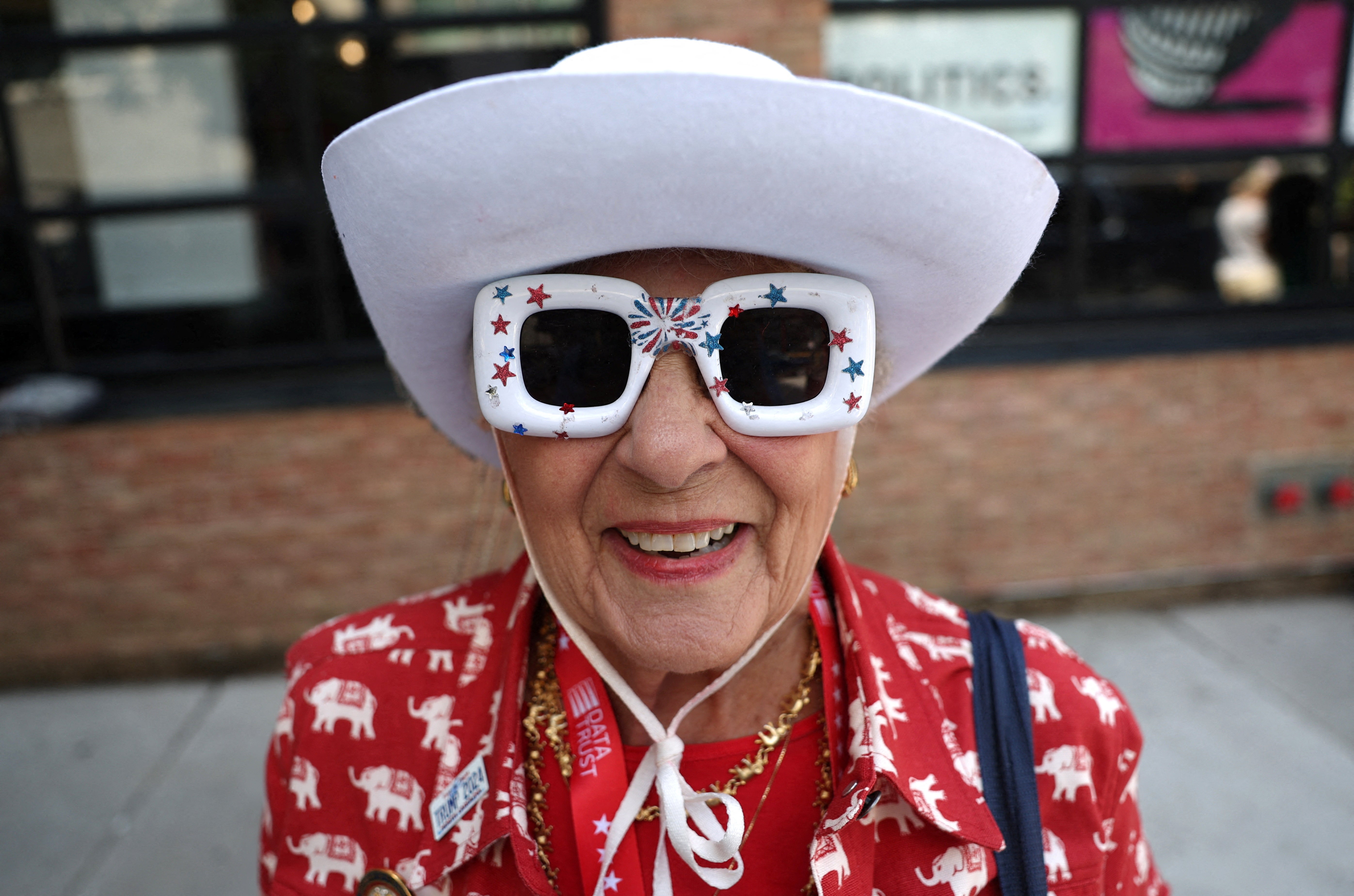 Cowboy hat, stars and stripes shades and an elephant-pattern red top – just the ticket for the fashion-conscious attendee at this year’s Republican National Convention