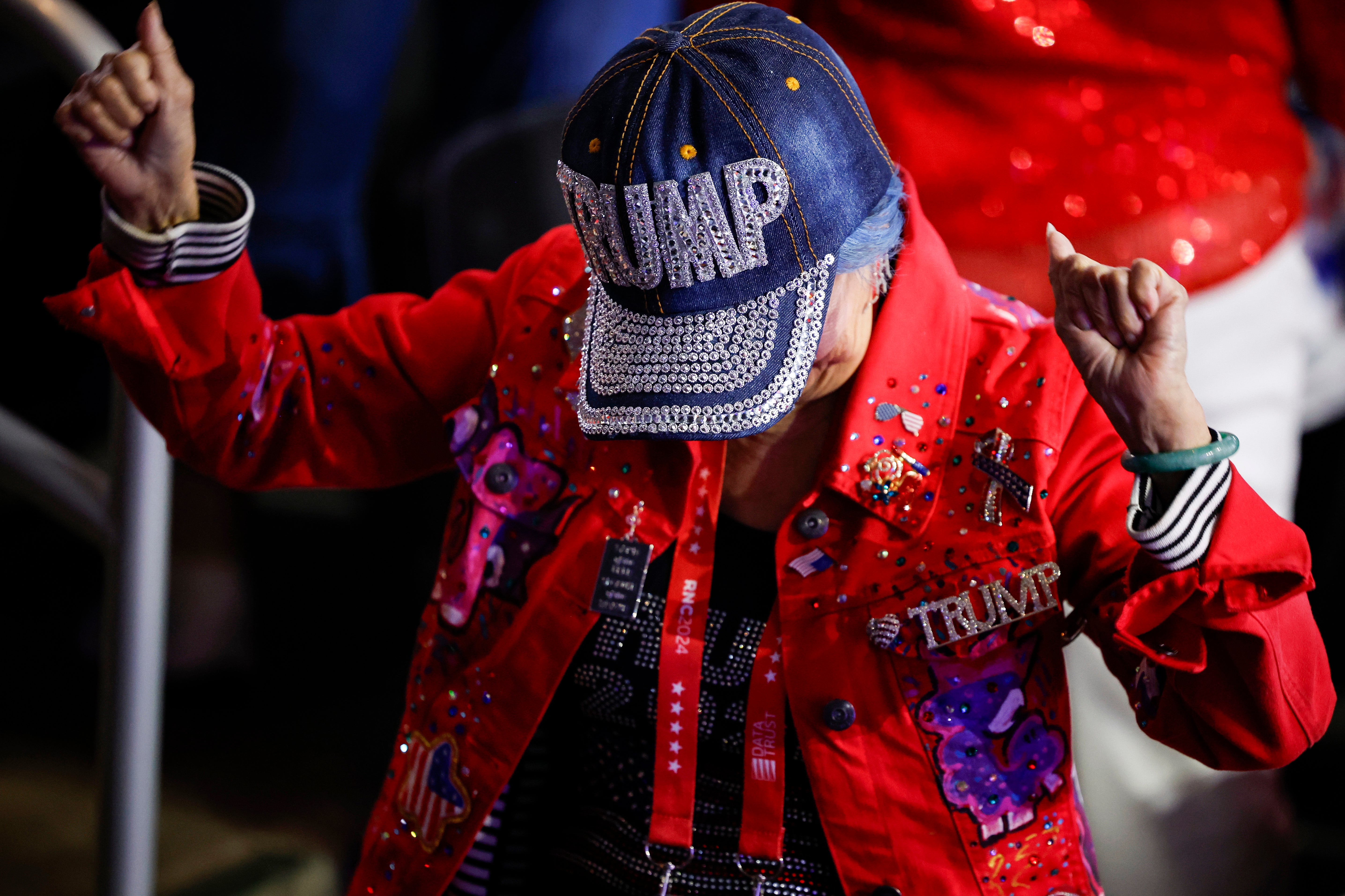 A bedazzled Trump hat and a jacket festooned with GOP paraphernalia made this Republican supporter stand out