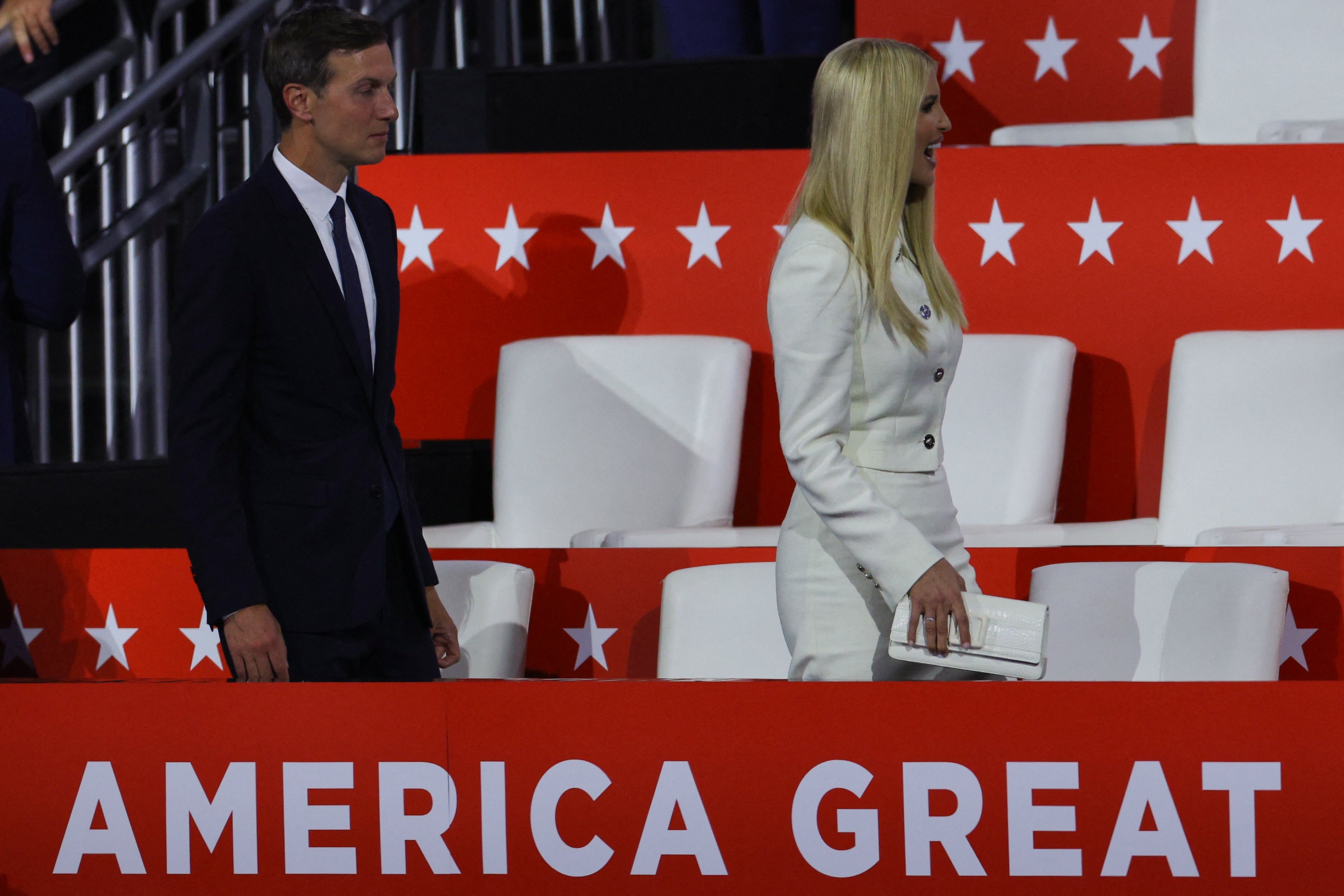 Ivanka Trump and Jared Kushner enter the family box at the RNC