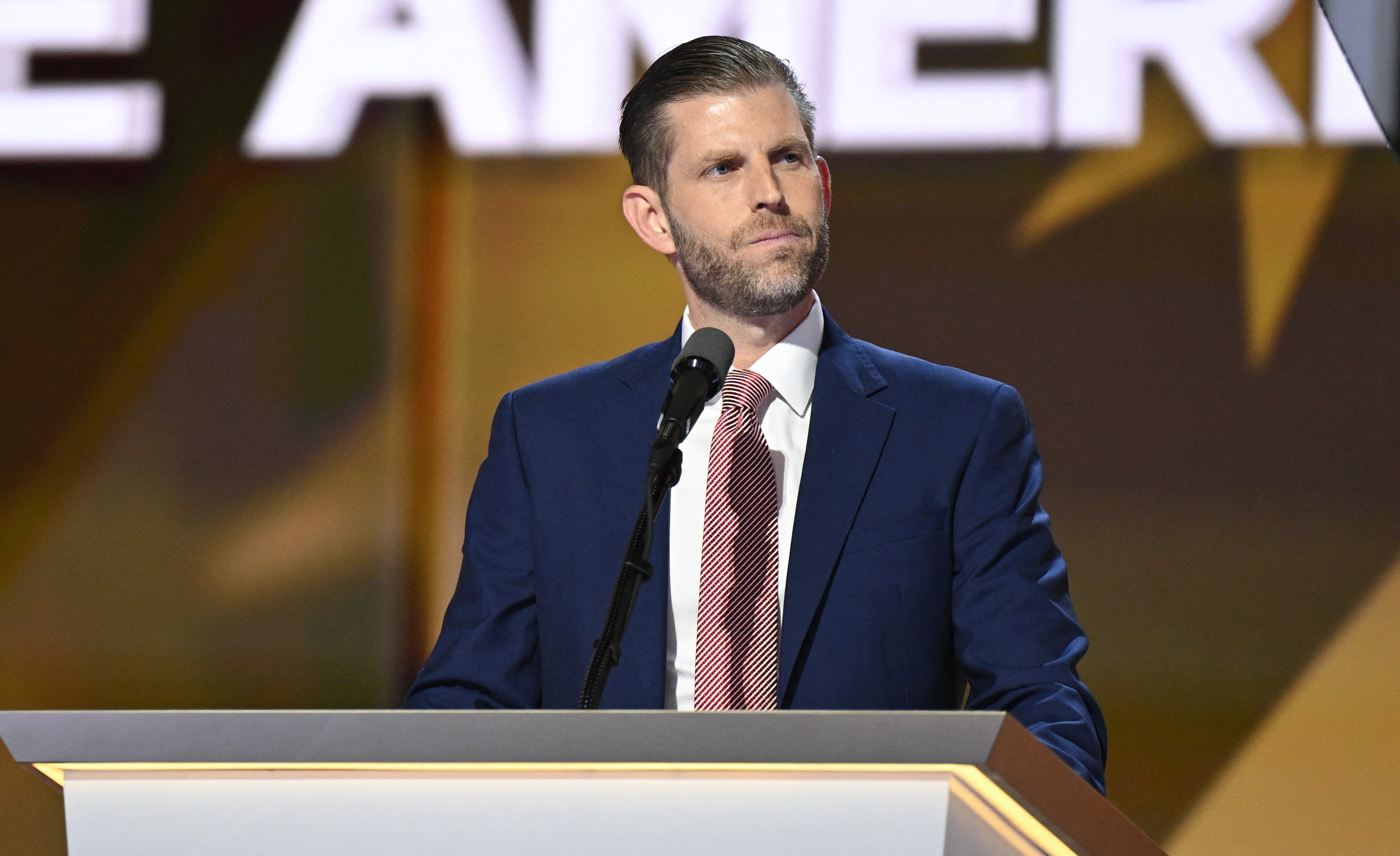 Eric Trump, son of former President Donald Trump, speaks on stage on the fourth day of the Republican National Convention