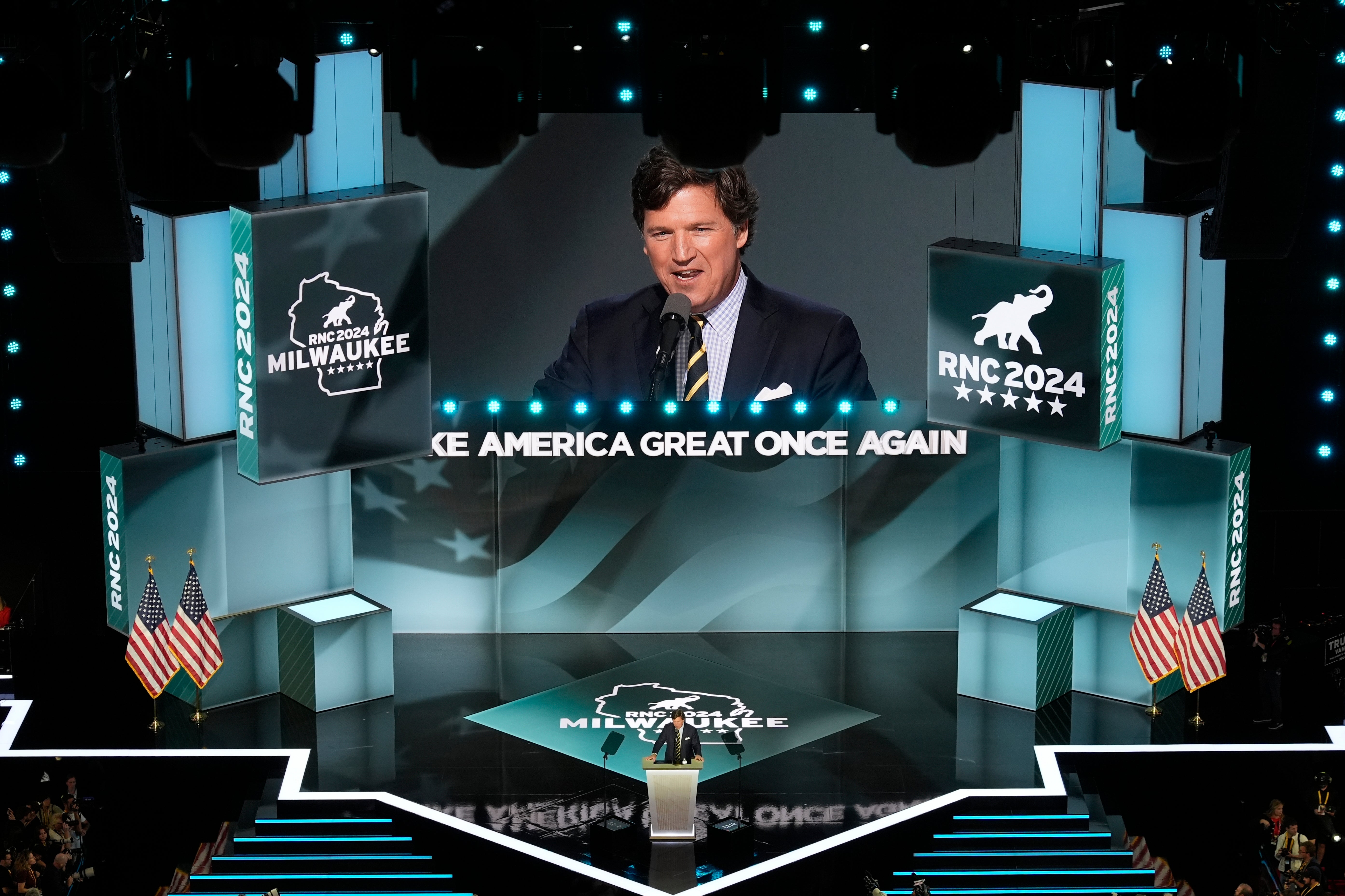 Tucker Carlson speaks during the Republican National Convention Thursday, July 18, 2024, in Milwaukee