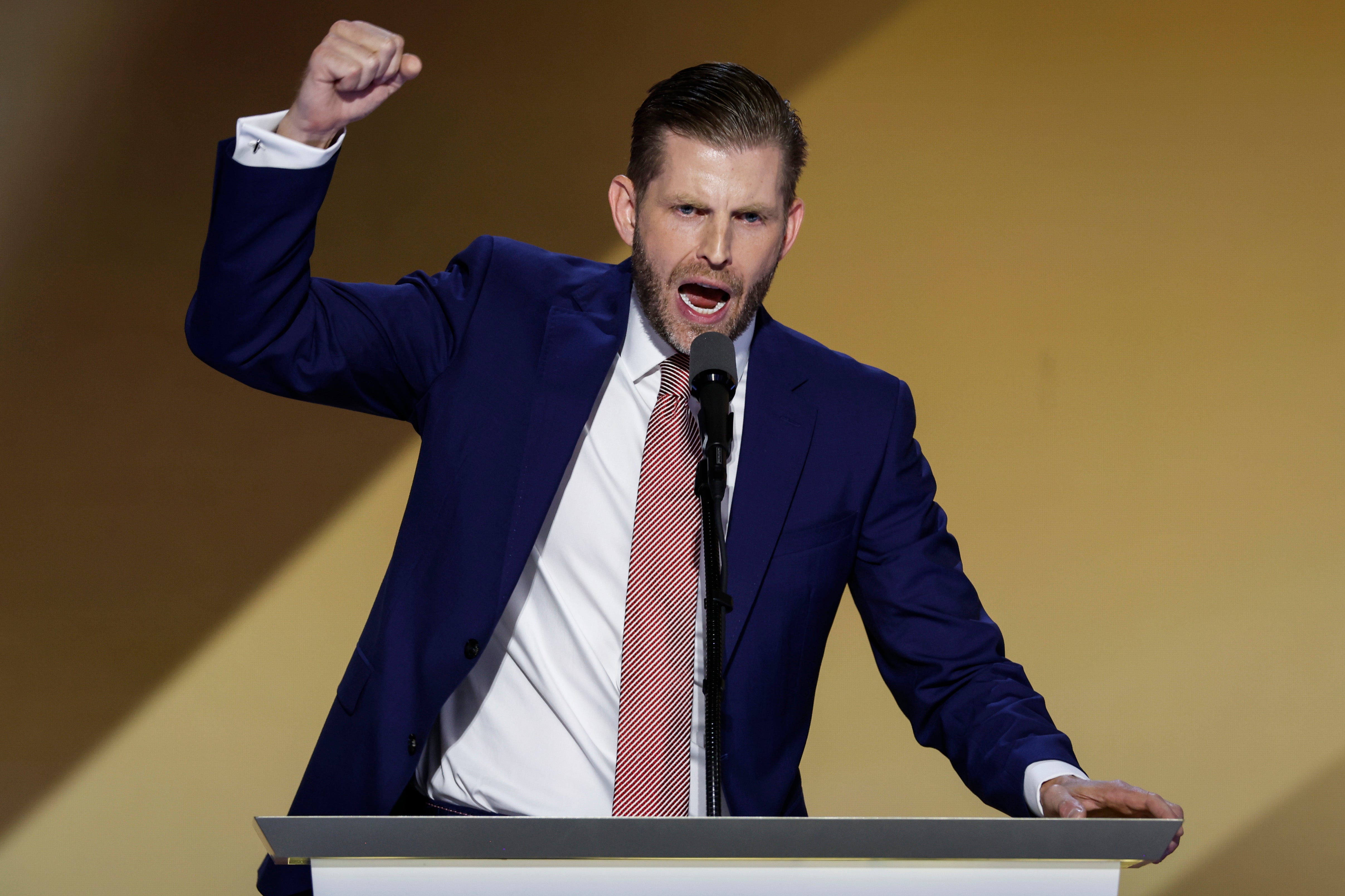 Eric Trump, son of former President Donald Trump, speaks on stage on the fourth day of the Republican National Convention. He went after trans athletes during a lengthy rant