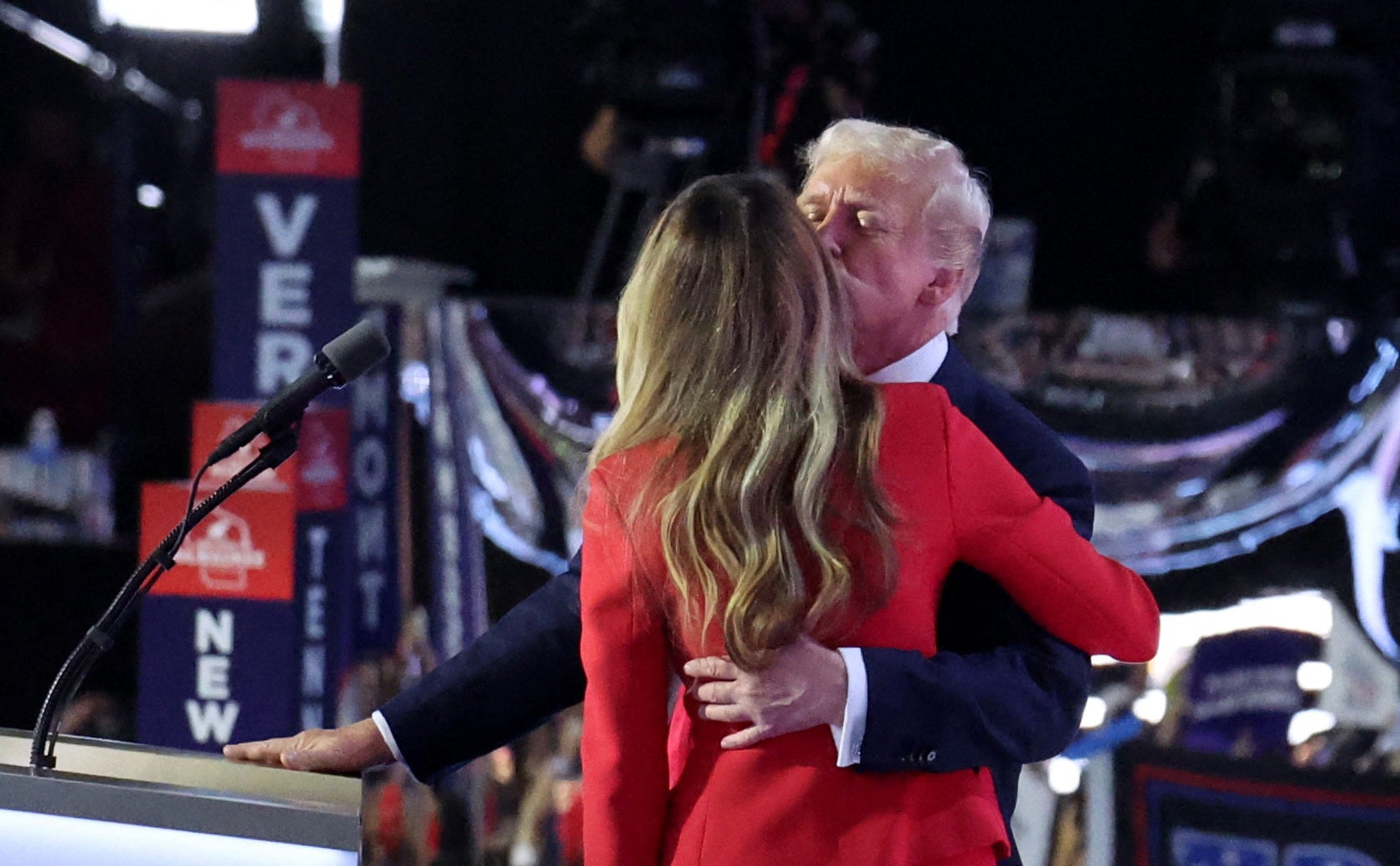 Donald Trump and wife Melania kiss onstage following the end of his nomination speech at the 2024 Republican National Convention on Thursday