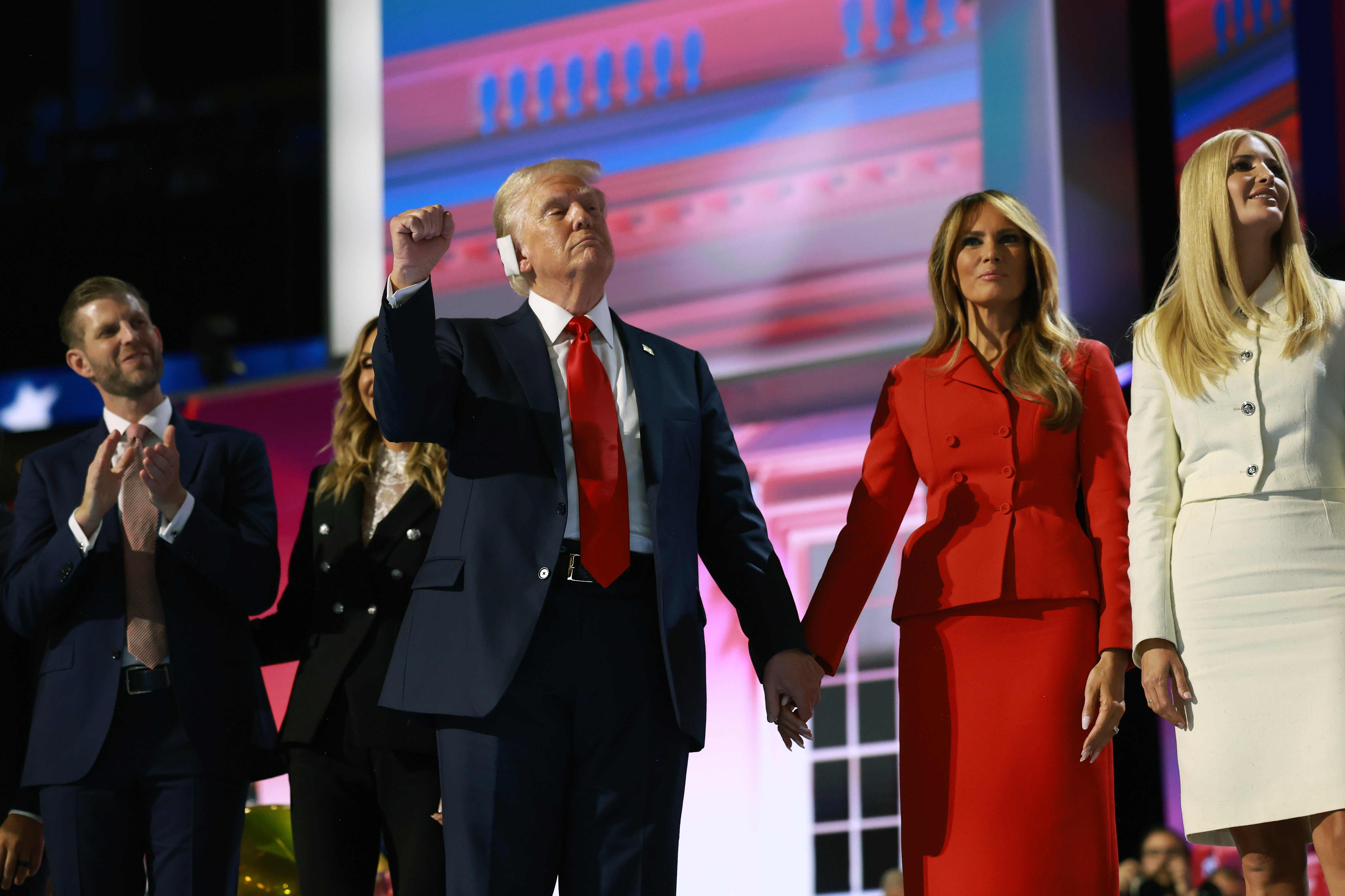 Donald Trump and members of the Trump family celebrate after the former president officially accepts the Republican presidential nomination