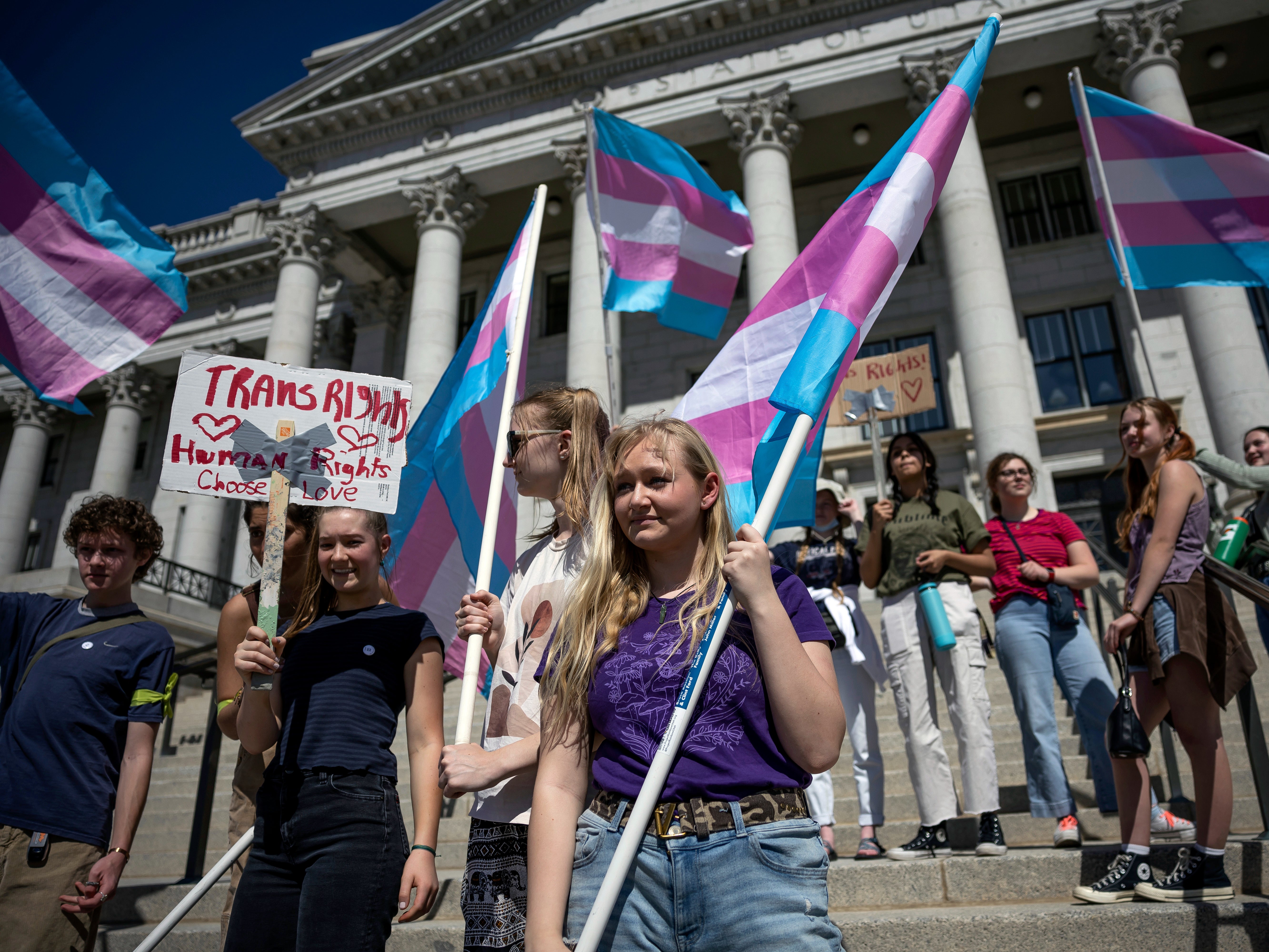 Trans rights protesters gather outside the Utah Capitol in Salt Lake City, March 2022