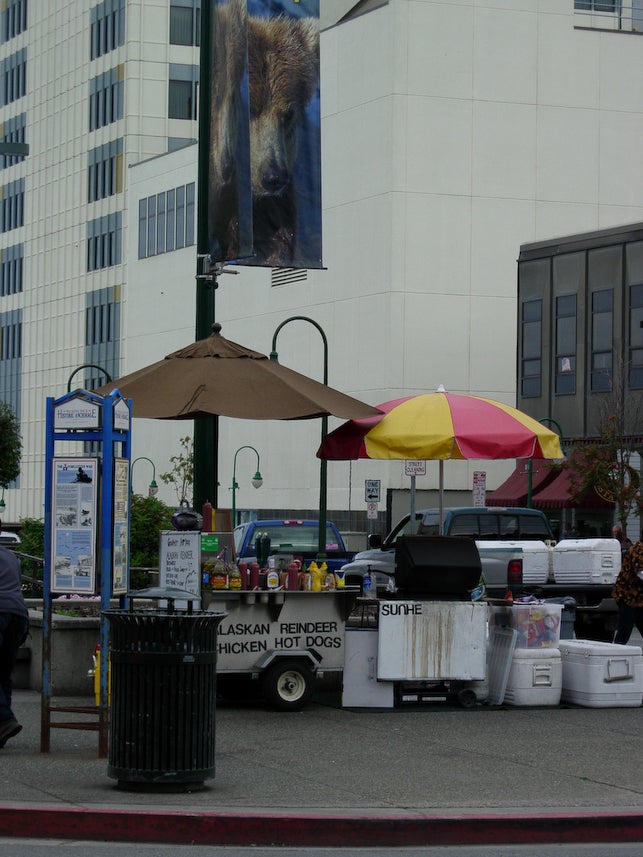 Putting an Alaskan spin on an American favorite, reindeer hot dogs are on offer at that state fair