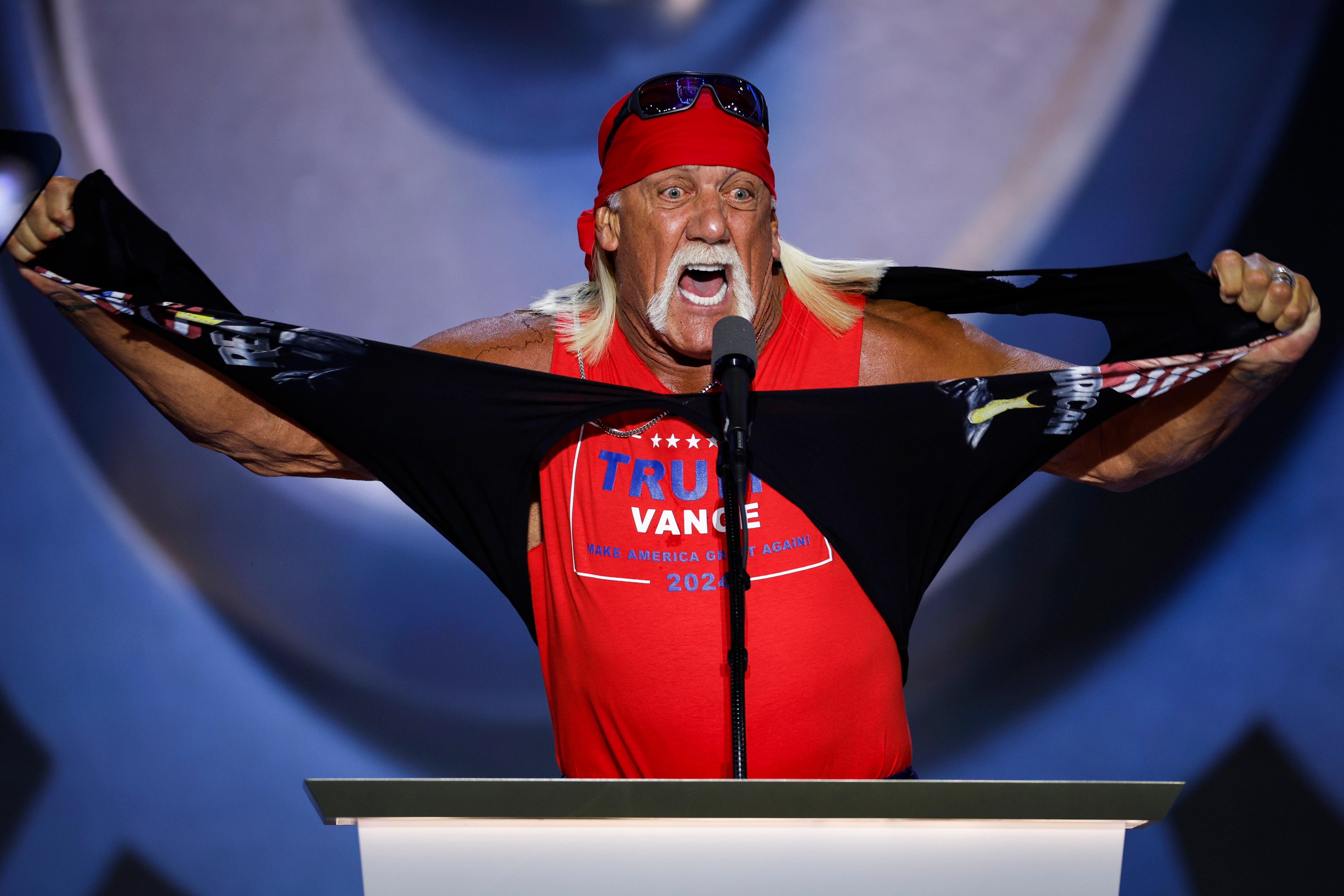 Hulk Hogan rips off his shirt mid-speech in a Trump-fueled frenzy during the final night of the RNC.