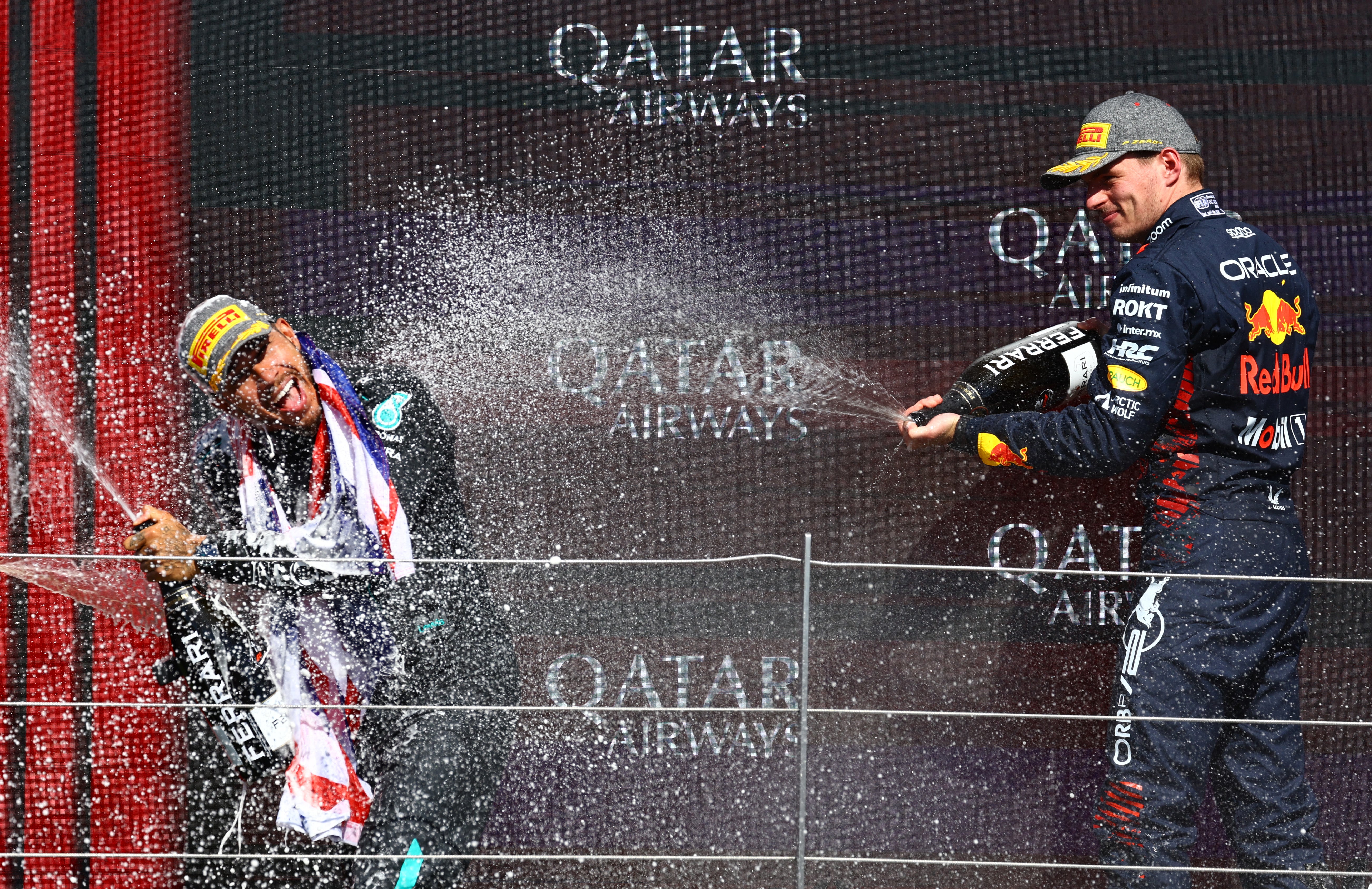 Lewis Hamilton celebrates winning the British Grand Prix