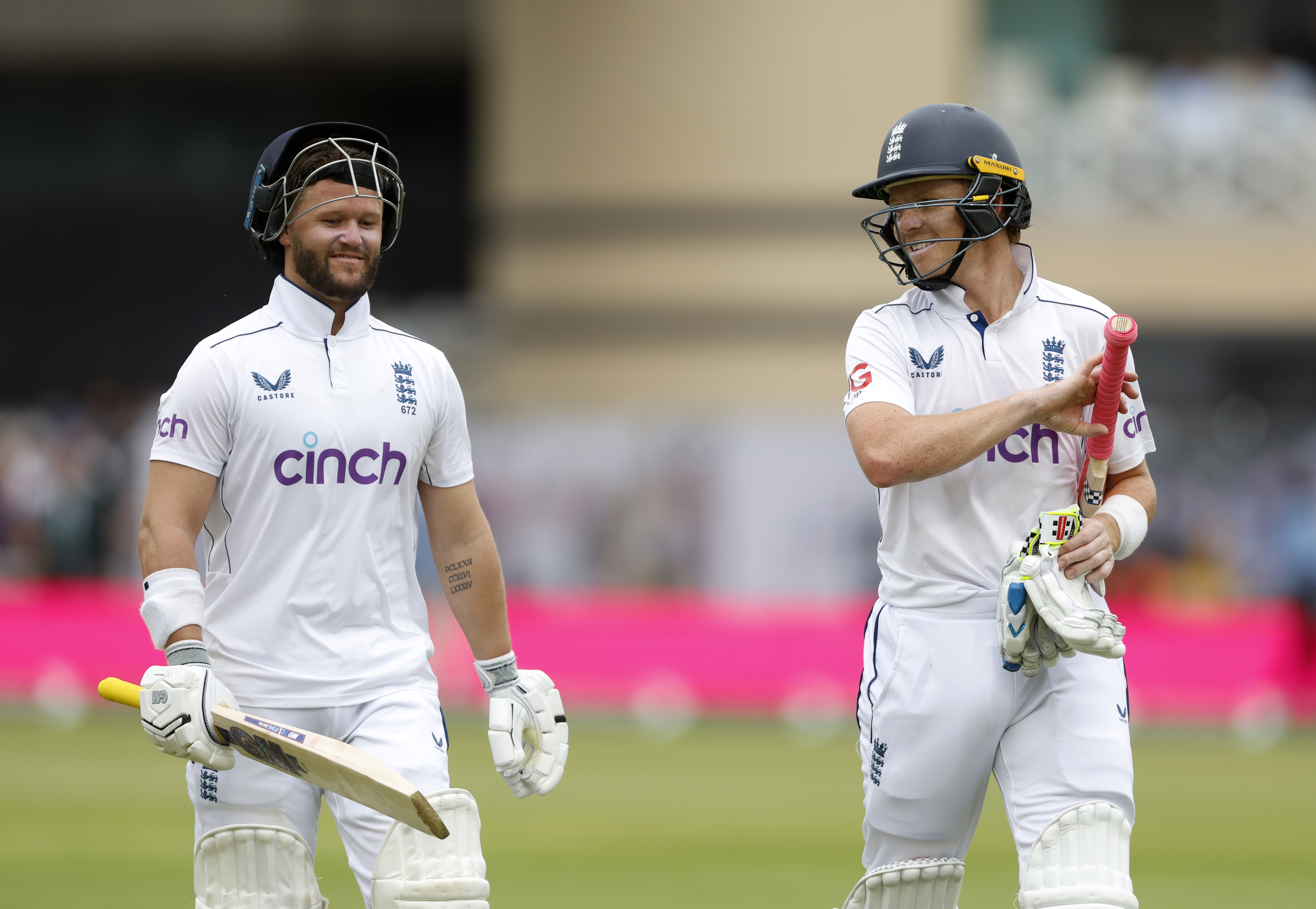 Ben Duckett and Ollie Pope leave the field for tea