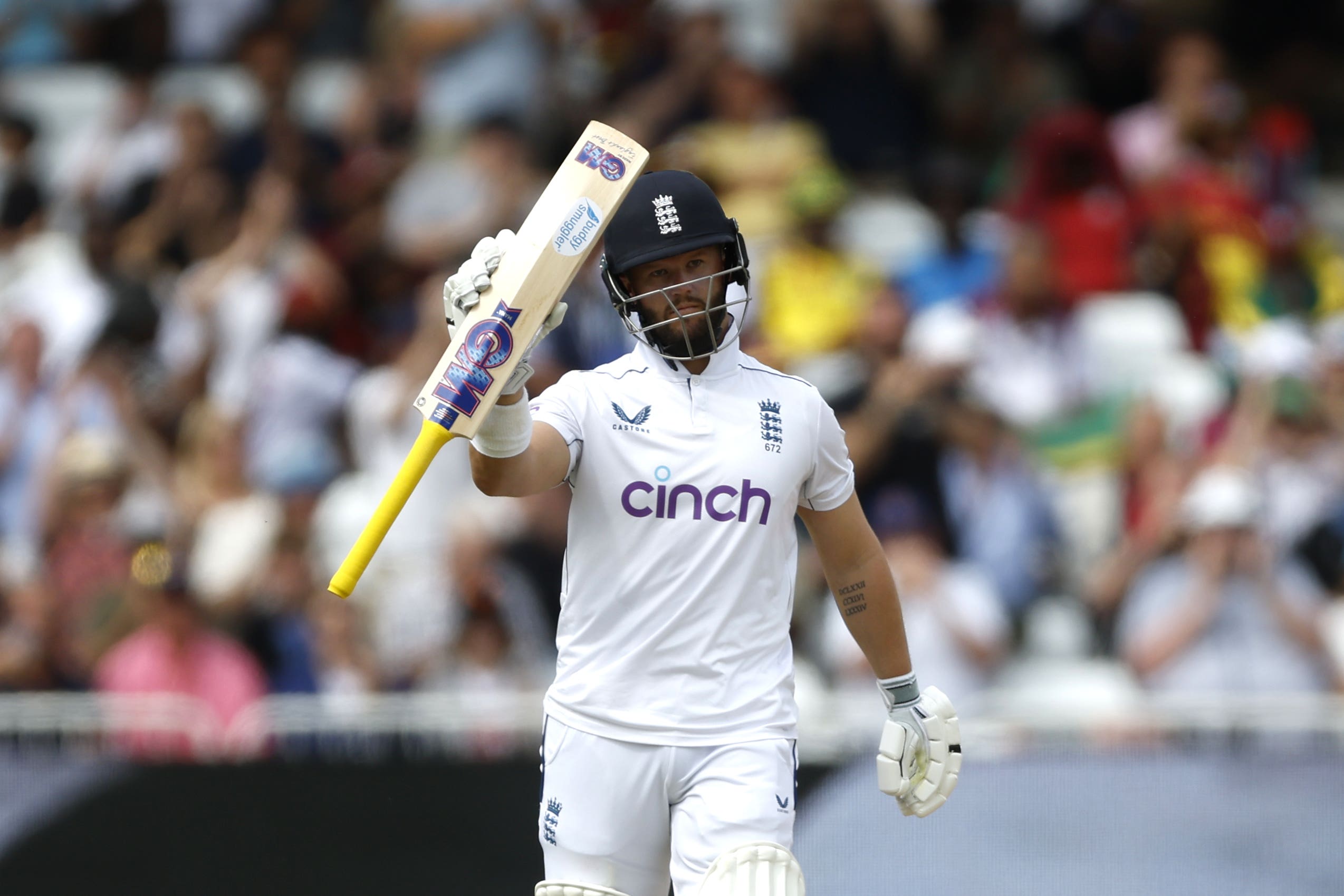 Ben Duckett celebrates reaching 50 his half century on day three at Trent Bridge