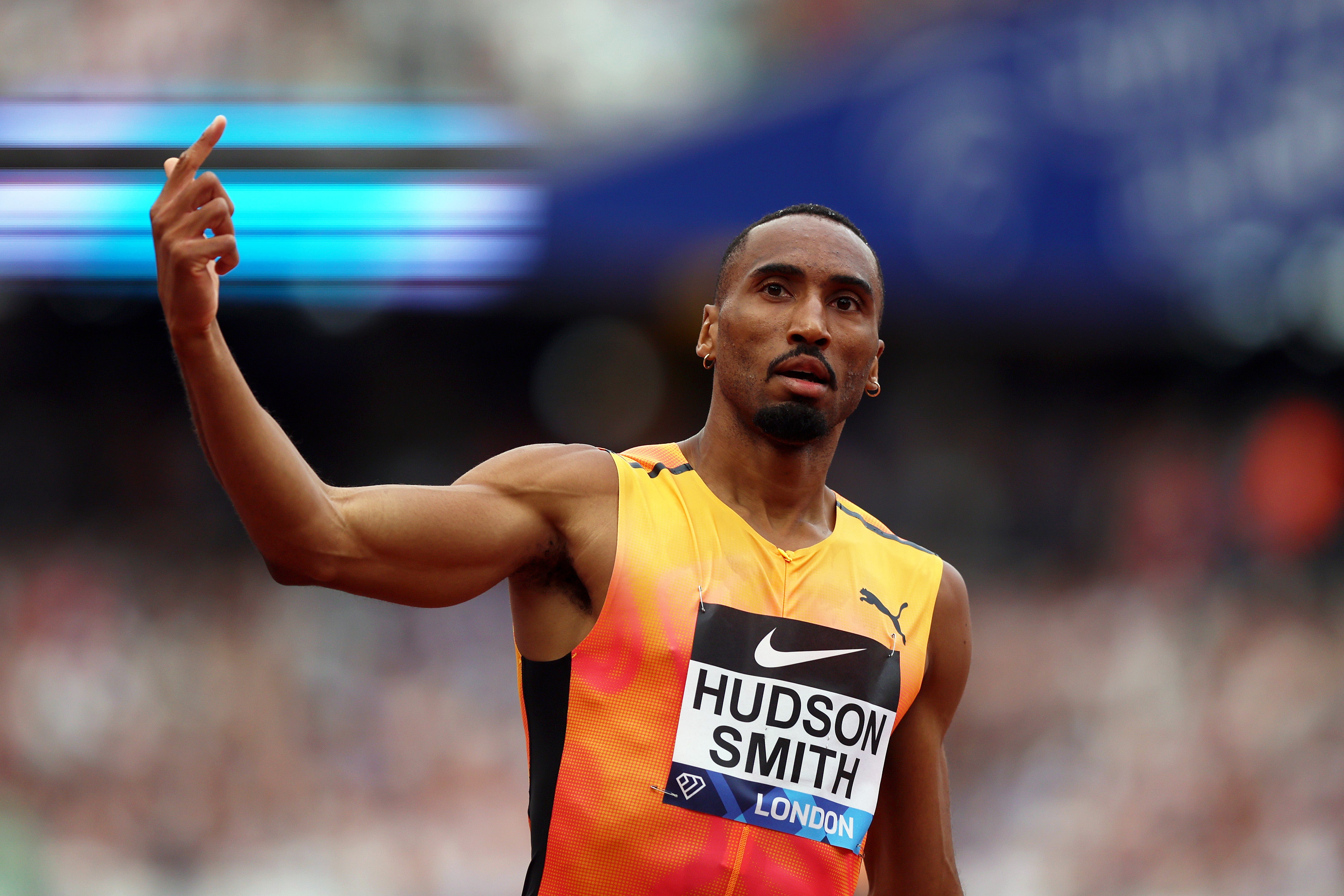 Matthew Hudson-Smith of Great Britain celebrates winning the 400m in London