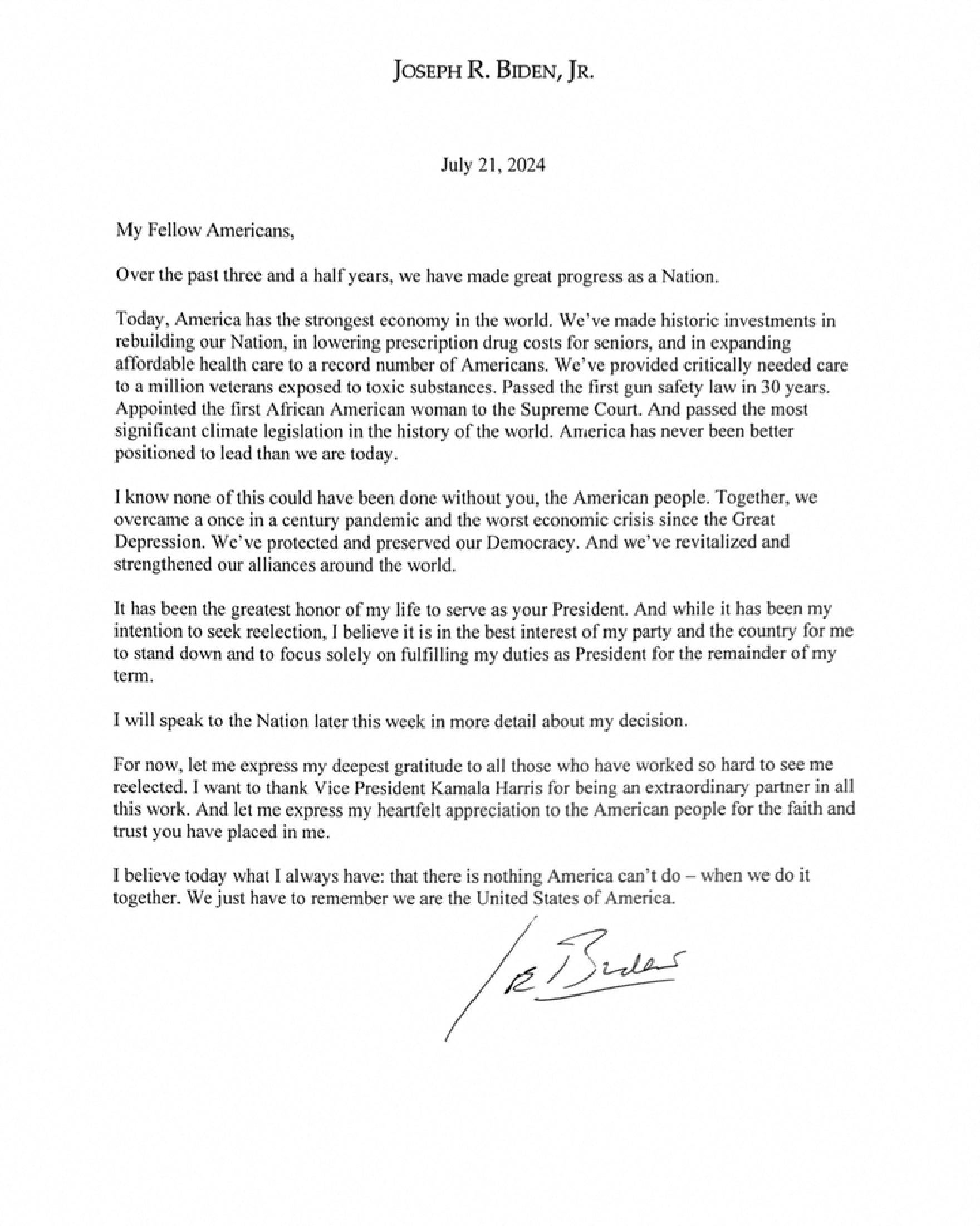 Biden announced his decision to bow out from efforts to seek a second term in a letter posted to X. He wrote: “It has been the greatest honor of my life to serve as your president. And while it has been my intention to seek re-election, I believe it is in the best interest of my party and the country for me to stand down and focus solely on fulfilling my duties as president for the remainder of my term.”