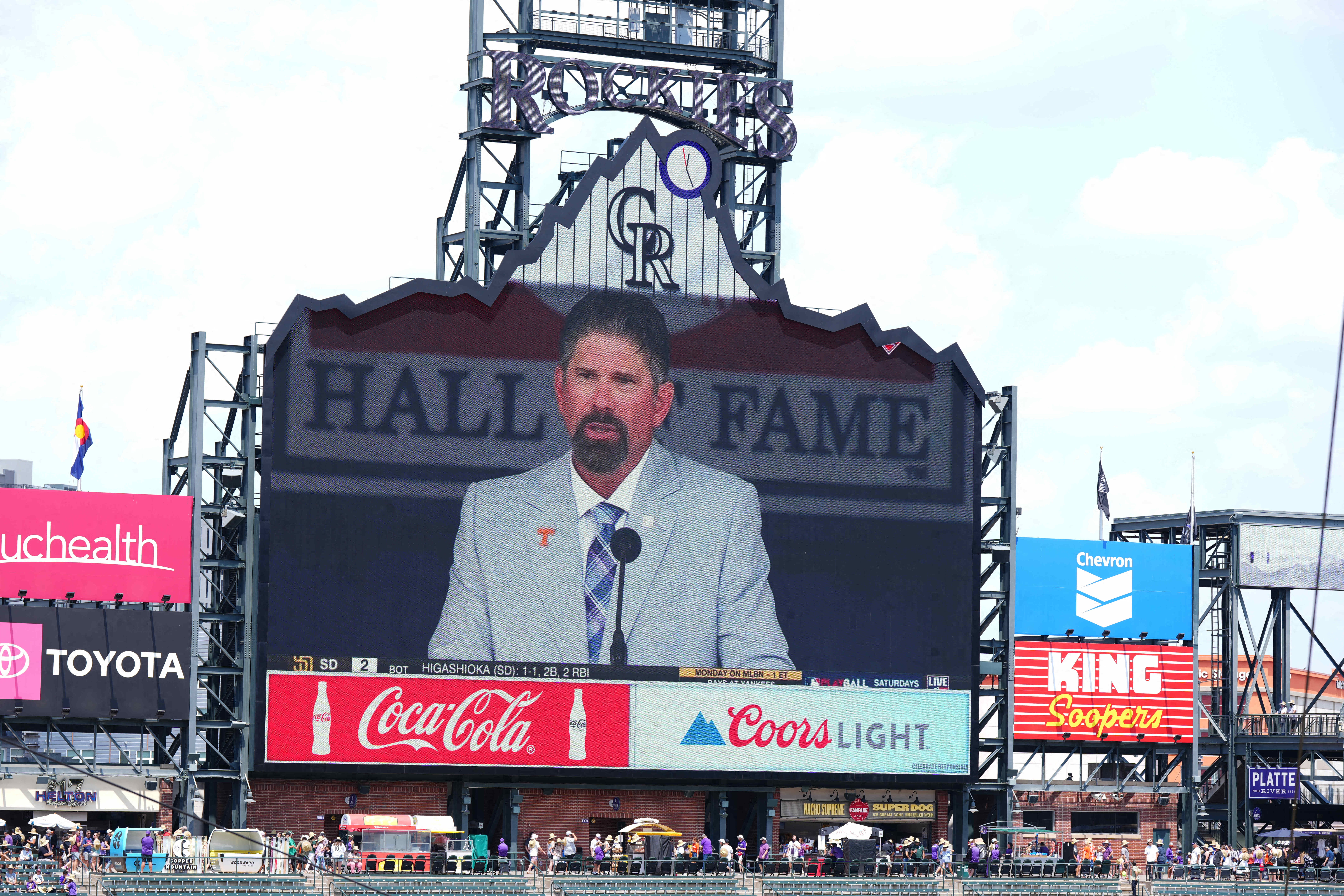 Todd Helton is seen giving his Hall of Fame speech on a video board in Colorado where he played his entire career