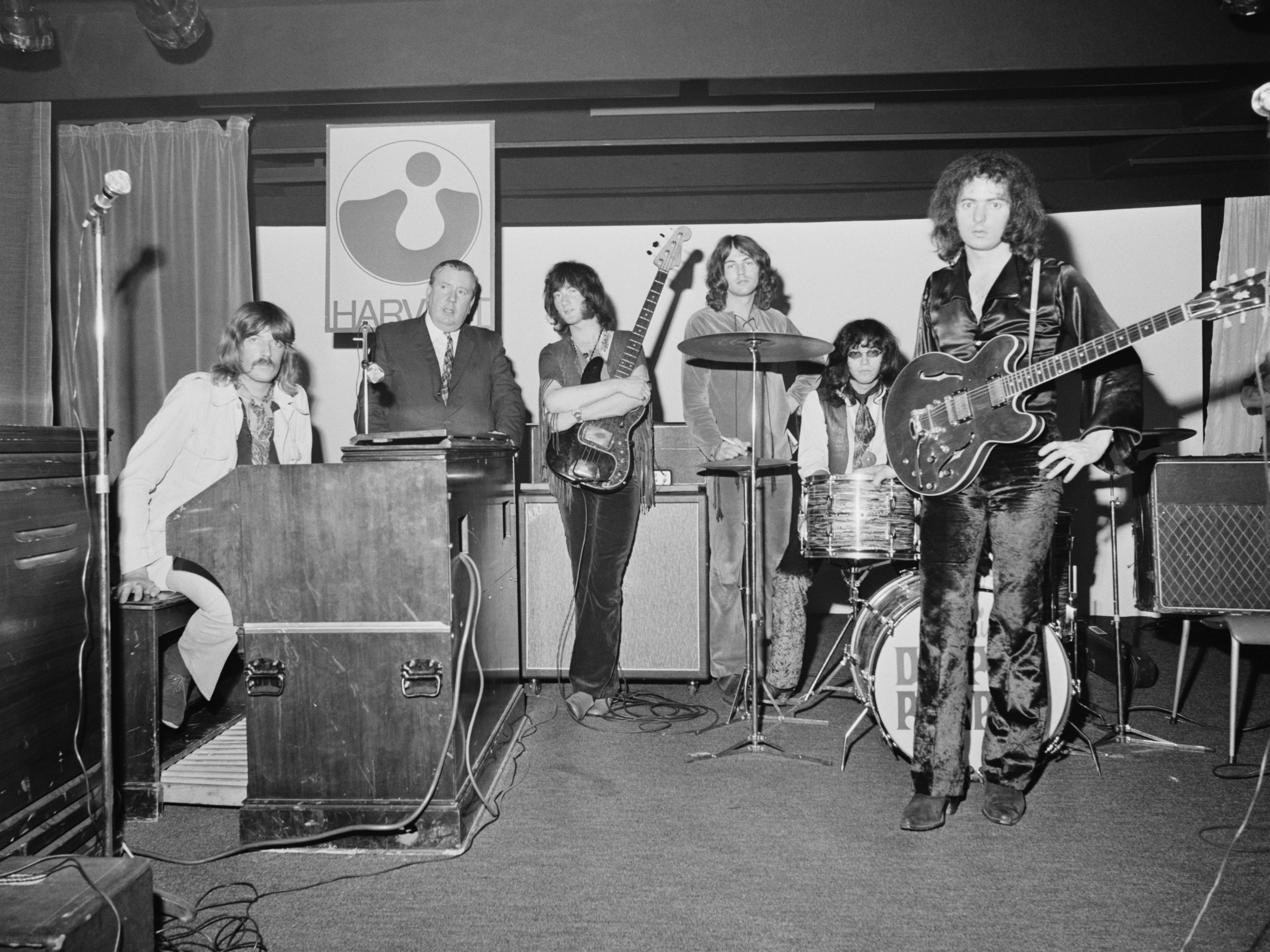 From left to right, Jon Lord, composer Malcolm Arnold, Roger Glover, Ian Gillan, Ian Paice and Ritchie Blackmore in the studio in 1969