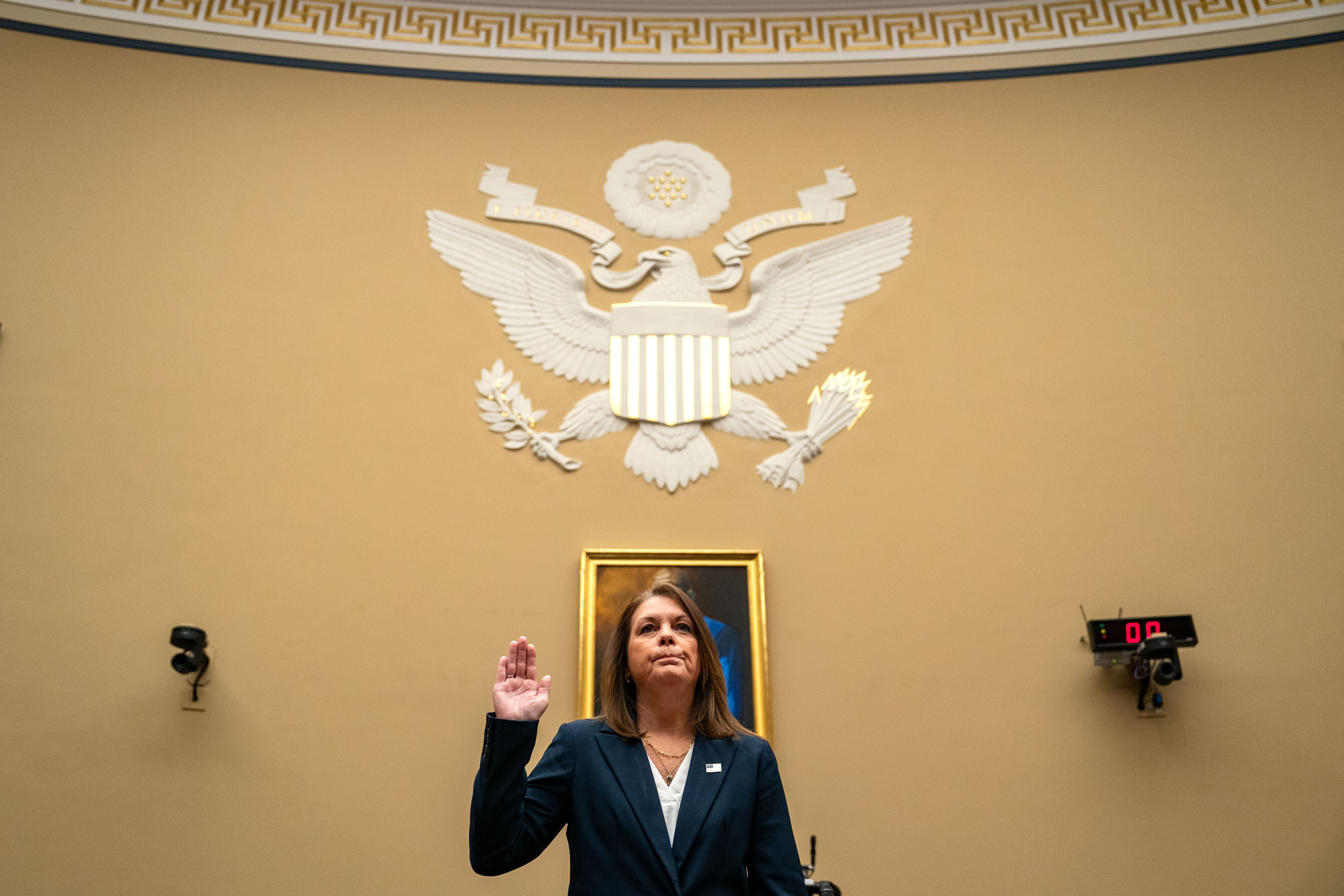 Secret Service Director Kimberly Cheatle is sworn in before her congressional testimony on Monday