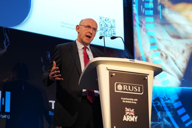 <p>Defence Secretary John Healey speaking at the Royal United Services Institute (Rusi) Land Warfare Conference 2024, at Church House in Westminster, central London (Jordan Pettitt/PA)</p>