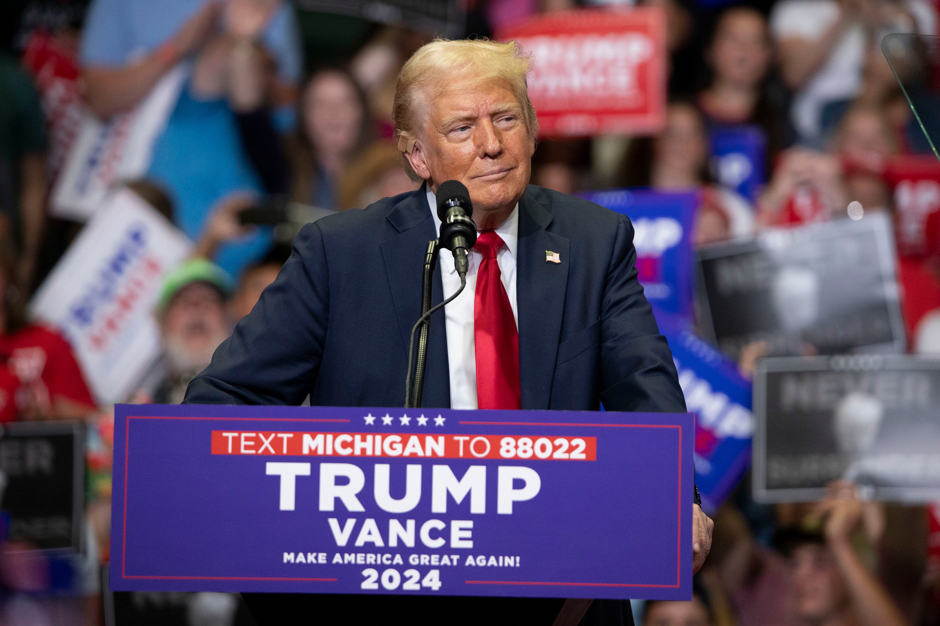 Donald Trump holds his first campaign rally with his running mate, Senator JD Vance, at the Van Andel Arena on July 20, 2024 in Grand Rapids, Michigan. At 78, Trump is now the oldest presidential nominee in US history