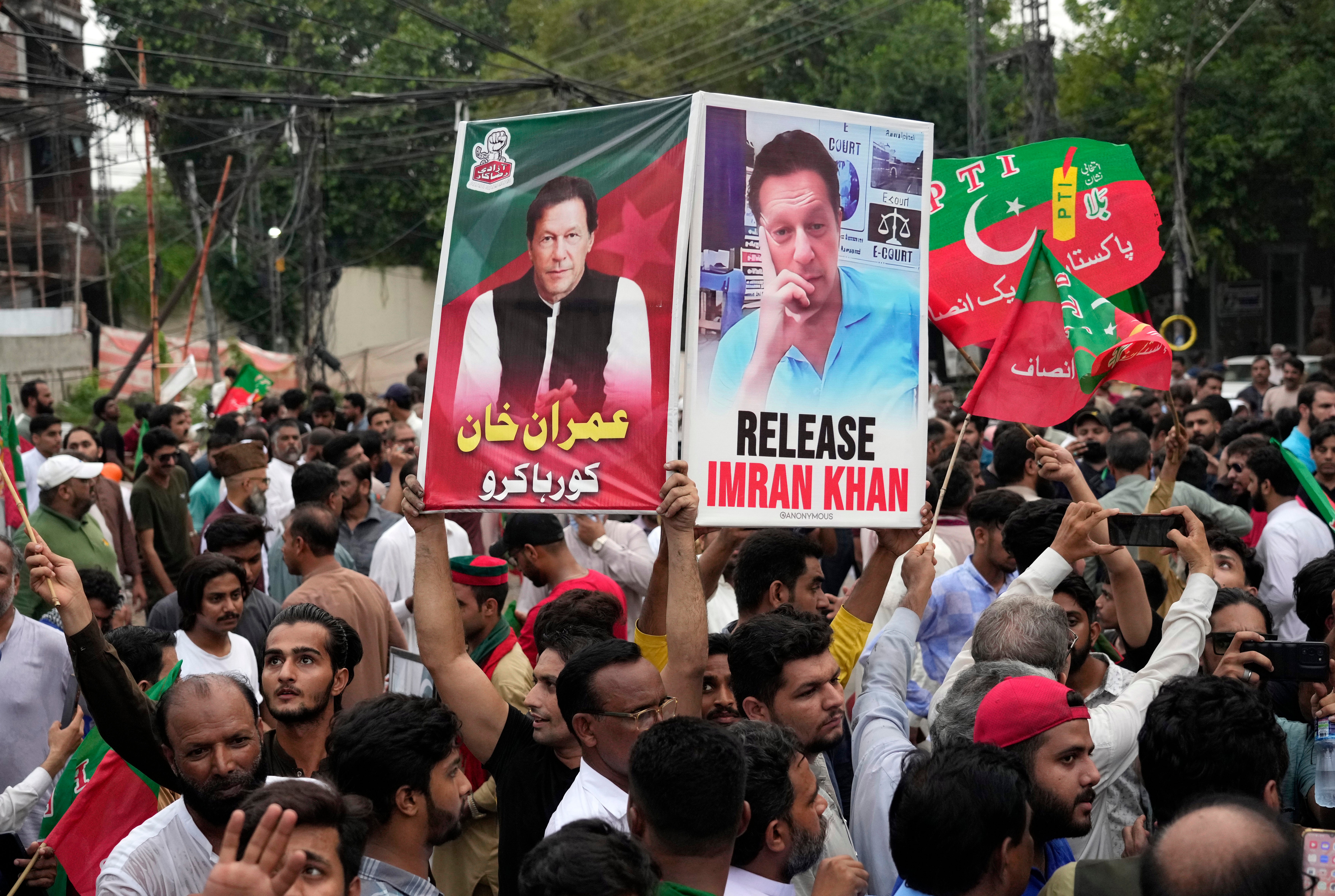 Former prime minister Imran Khan’s supporters call for his release during protests last weekend