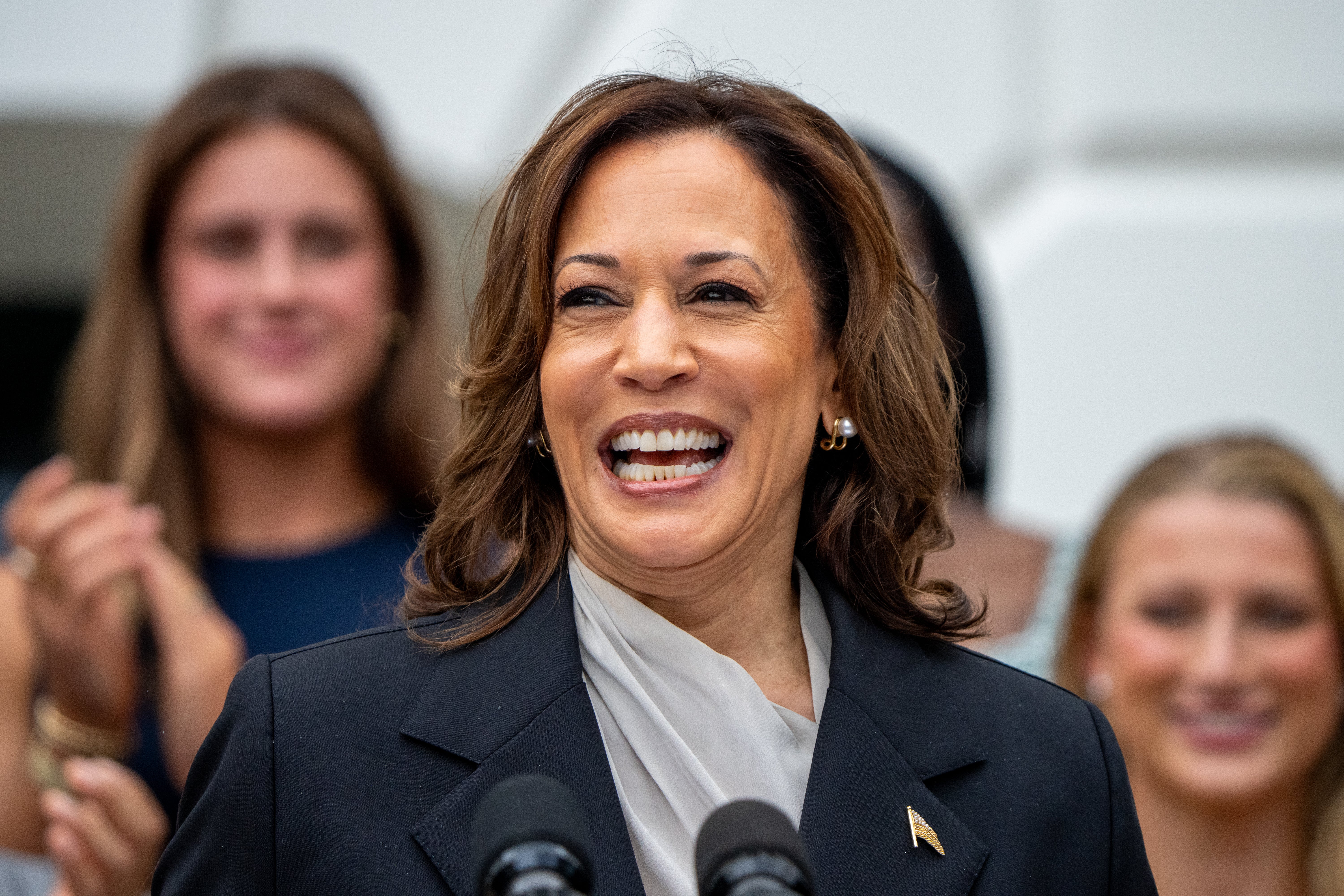 Vice president Kamala Harris speaks during an NCAA championship teams celebration on the South Lawn of the White House on 22 July 2024 in Washington, DC. Gen Z has declared her the “brat” of this election cycle