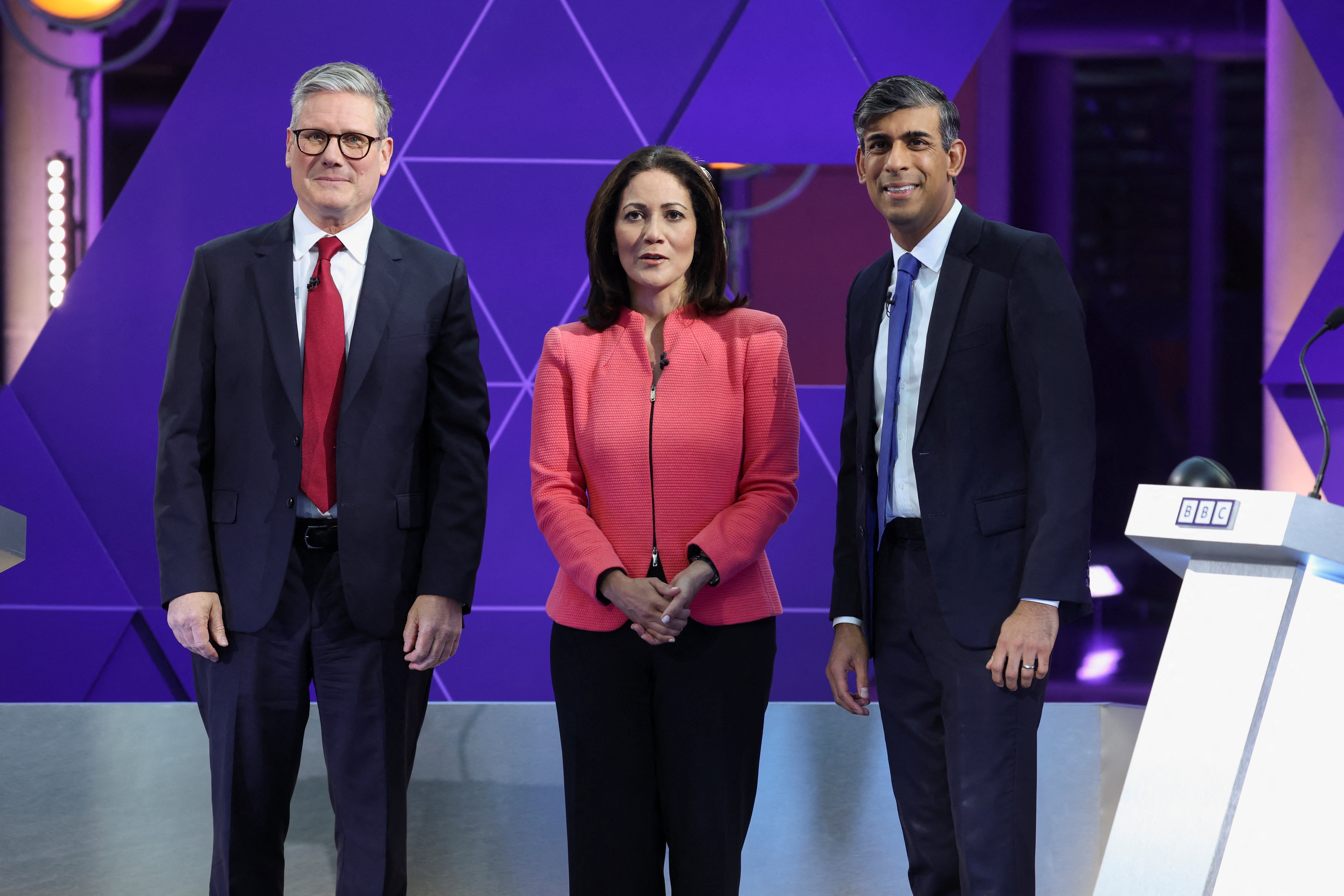 Mishal Husain with Labour leader Sir Keir Starmer and Prime Minister Rishi Sunak before their BBC Head-to-head debate