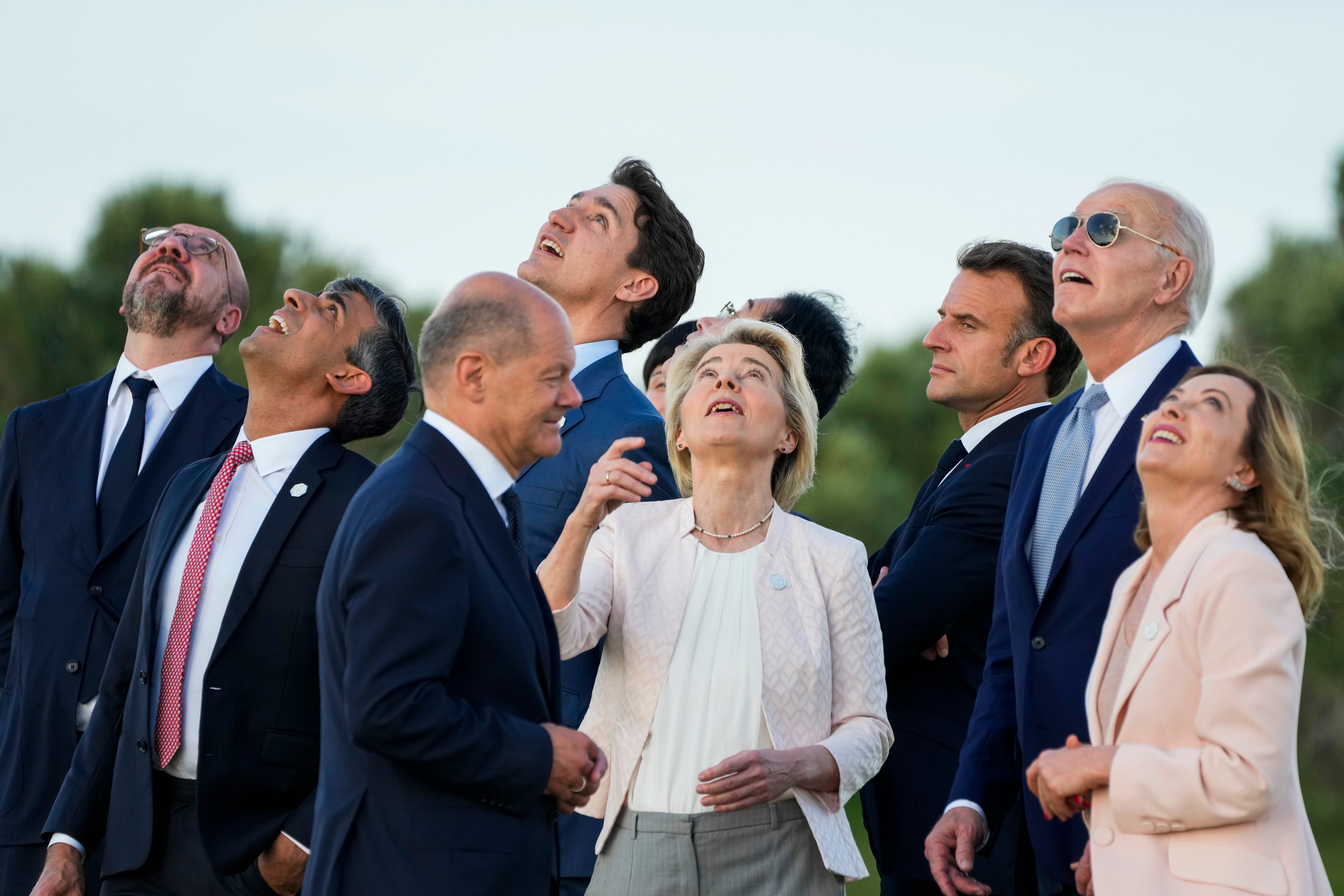 President Joe Biden and other G7 leaders watching a skydiving demo during the G7 world leaders summit at Borgo Egnazia, Italy, Thursday, June 13, 2024. Biden has since dropped out of the presidential race, meaning his term will conclude within the next year