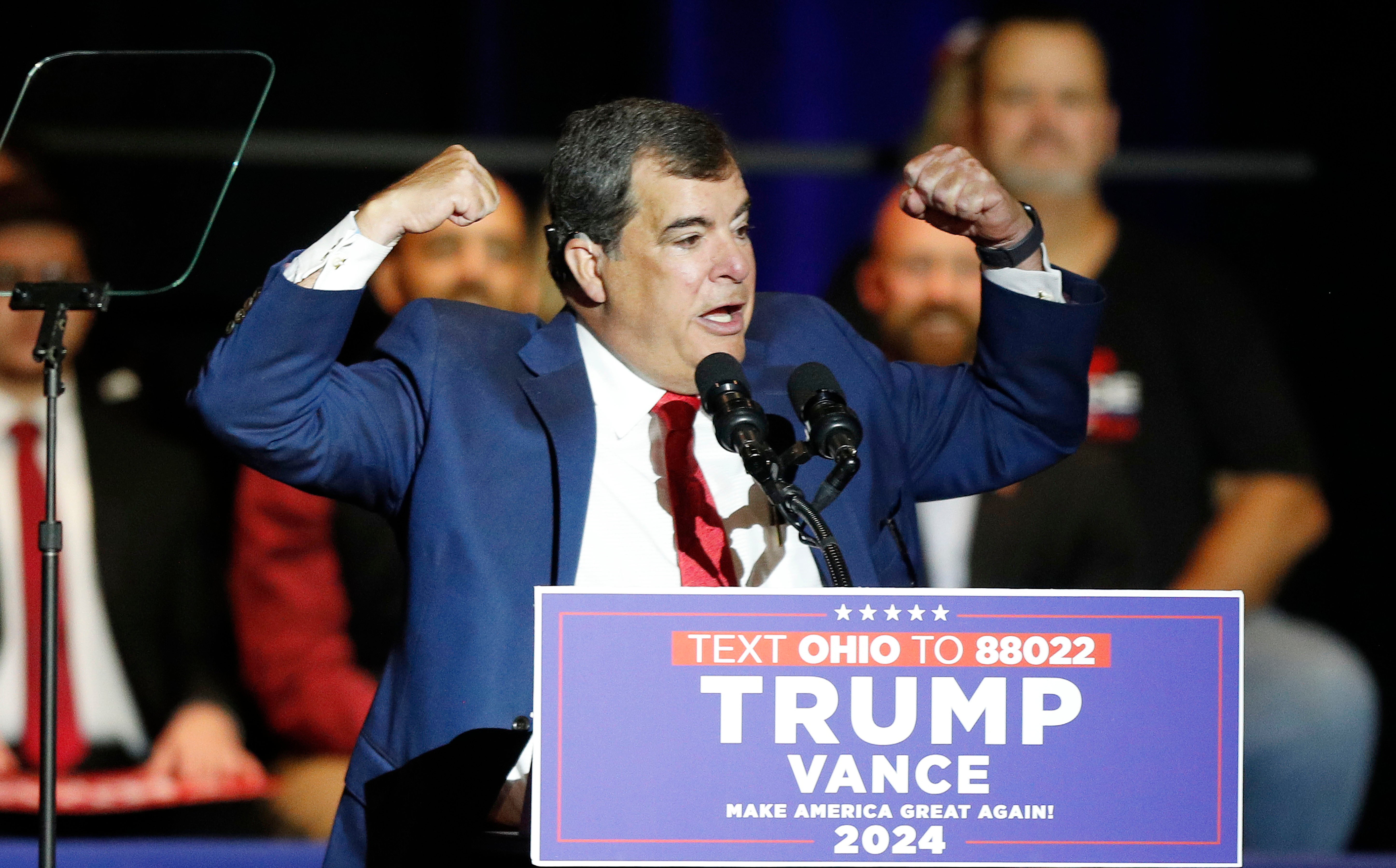 Ohio state senator George Lang speaks during a campaign rally for JD Vance in Middletown, Ohio on Monday