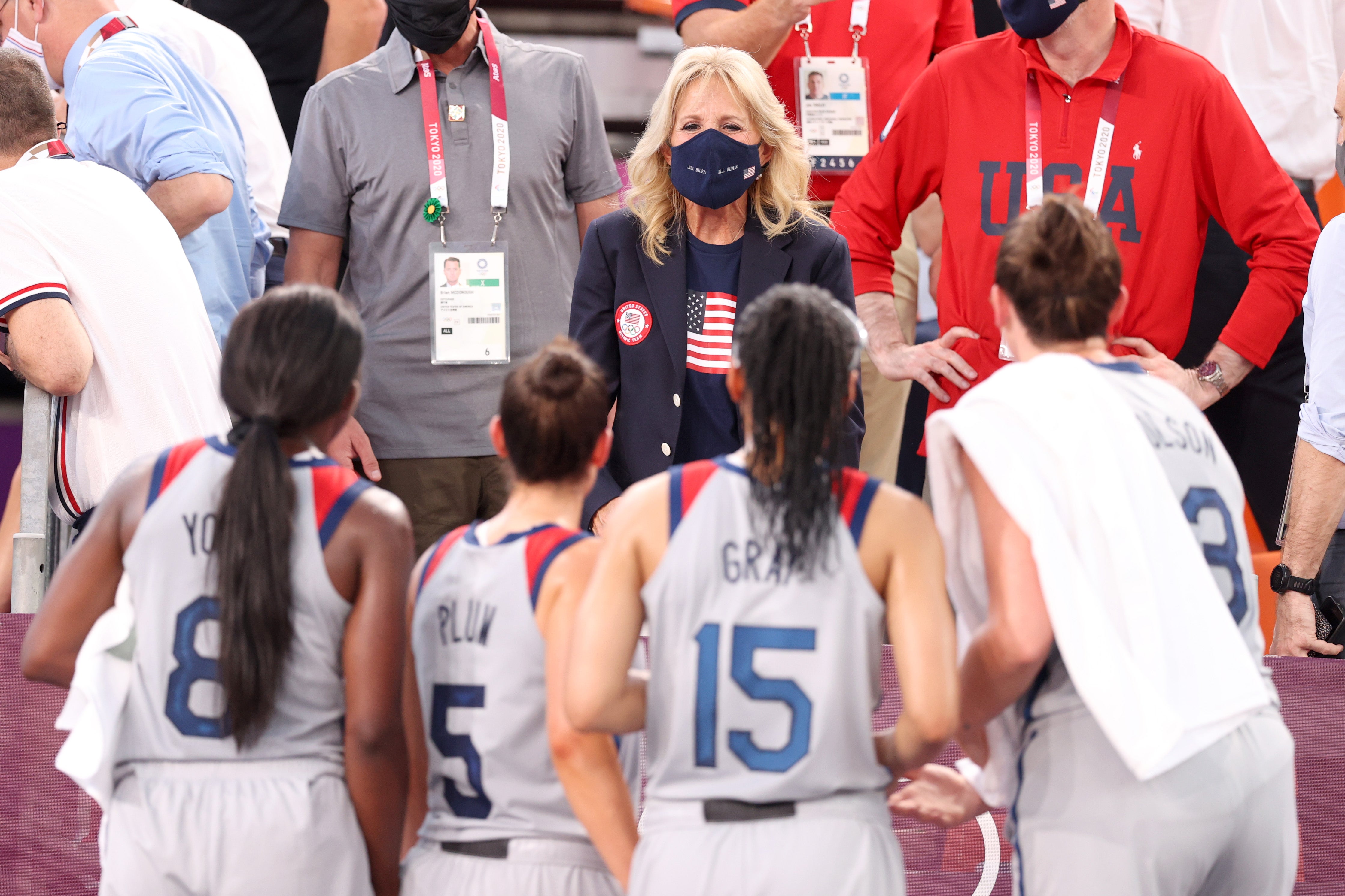 First Lady, Jill Biden cheers on Team USA prior to the Women’s Pool Round match on day one of the Tokyo 2020 Olympic Games