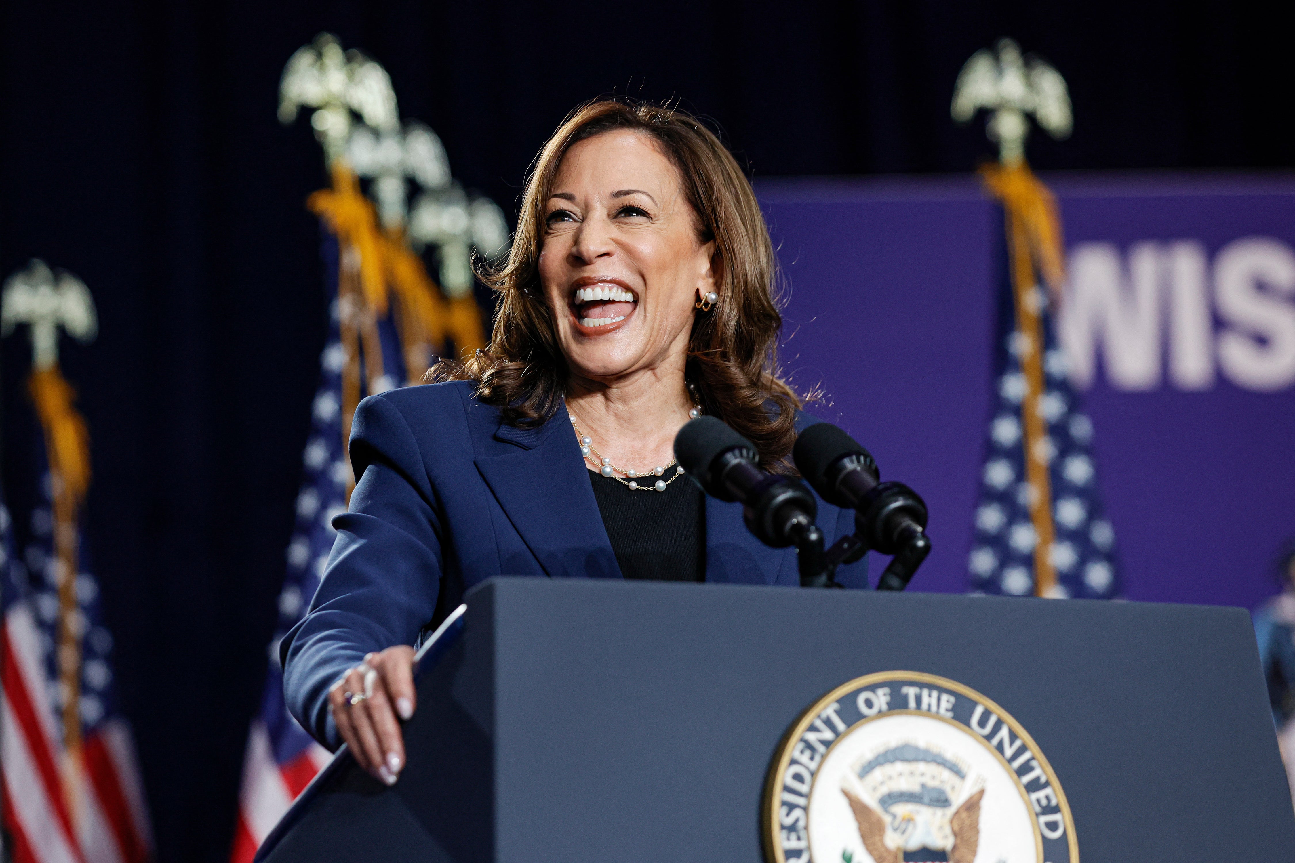 Kamala Harris speaks at West Allis Central High School during her first campaign rally in Milwaukee, Wisconsin, on July 23, 2024