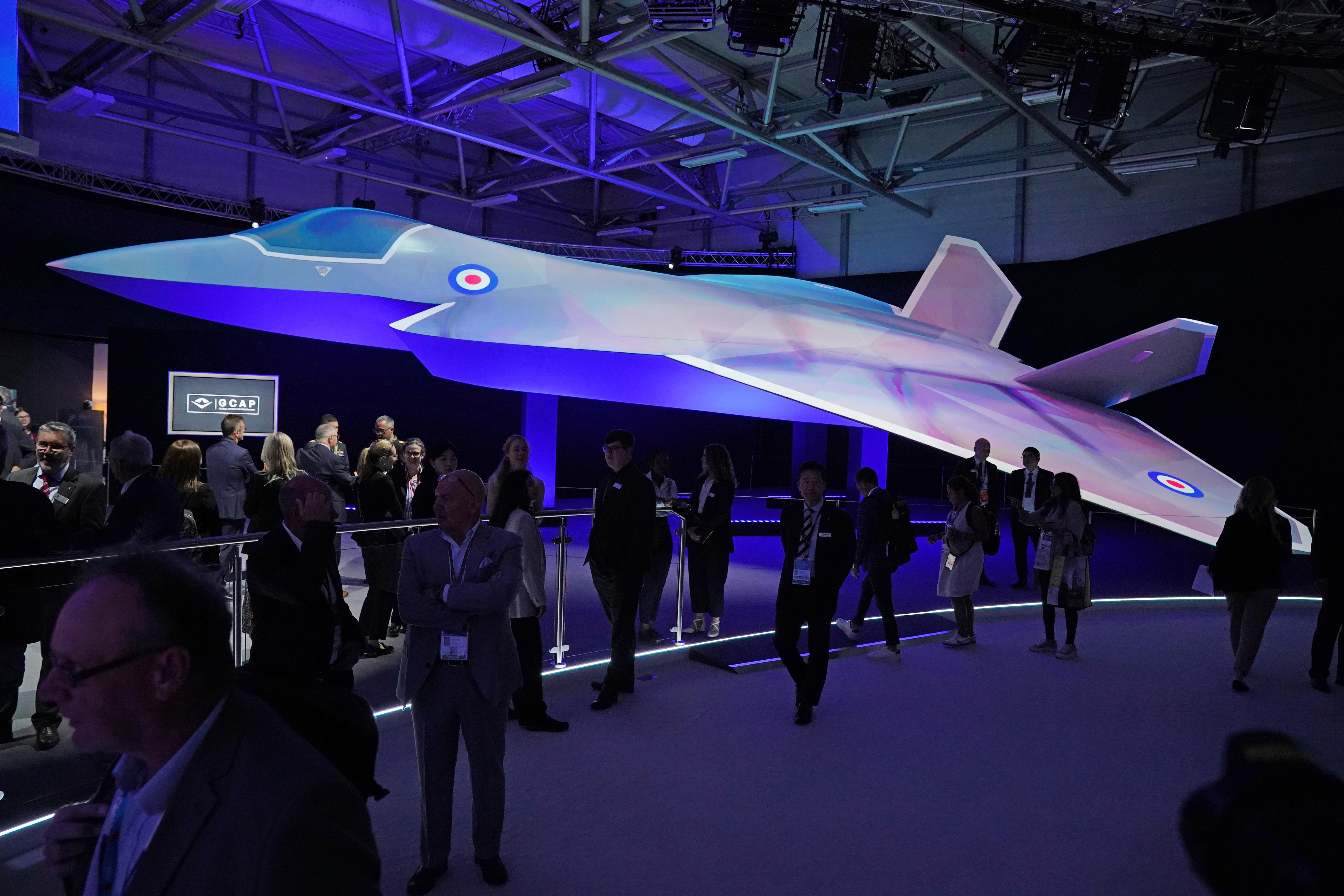 A lifesize scale model of the GCAP stealth fighter on display at the BAE Systems area at the Farnborough International Airshow