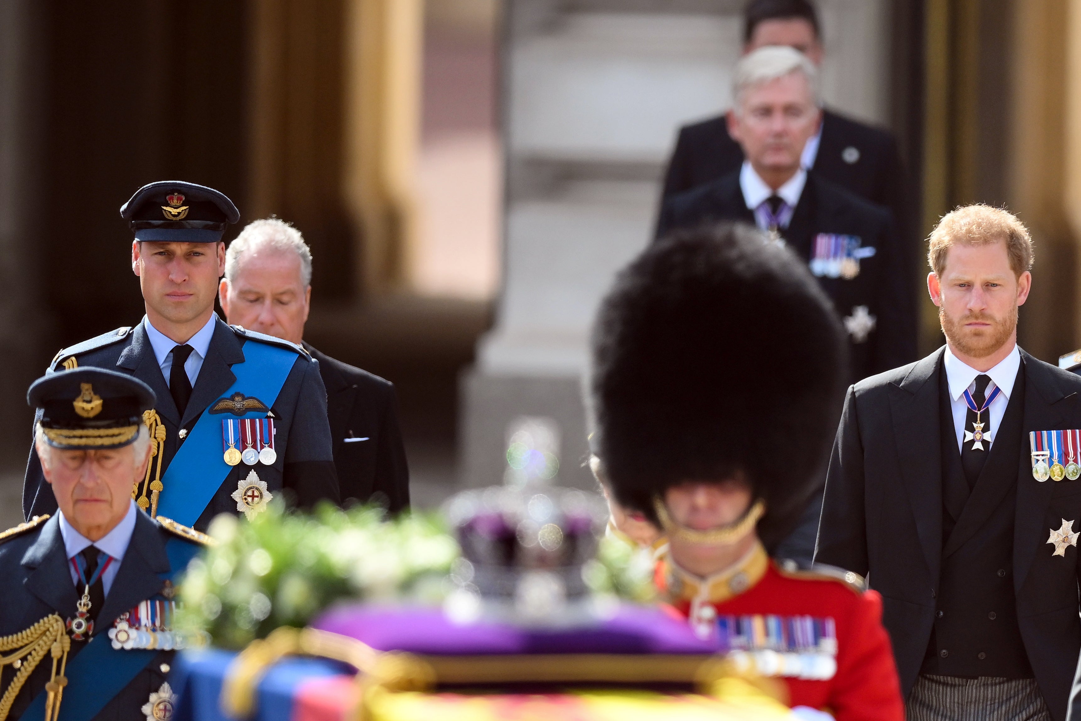 The King, the Prince of Wales and the Duke of Sussex follow the coffin of the late Queen (Daniel Leal/PA)