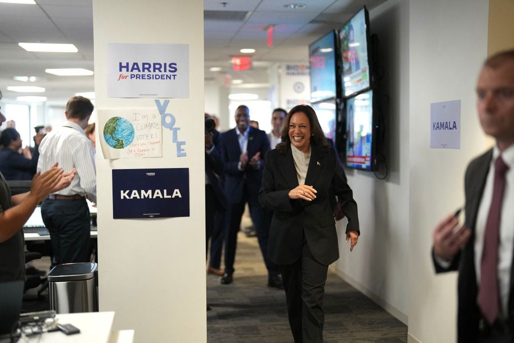 Vice President Kamala Harris arrives at her campaign headquarters in Wilmington, Delaware, after taking over the Biden-Harris campaign following Joe Biden’s decision to step aside.