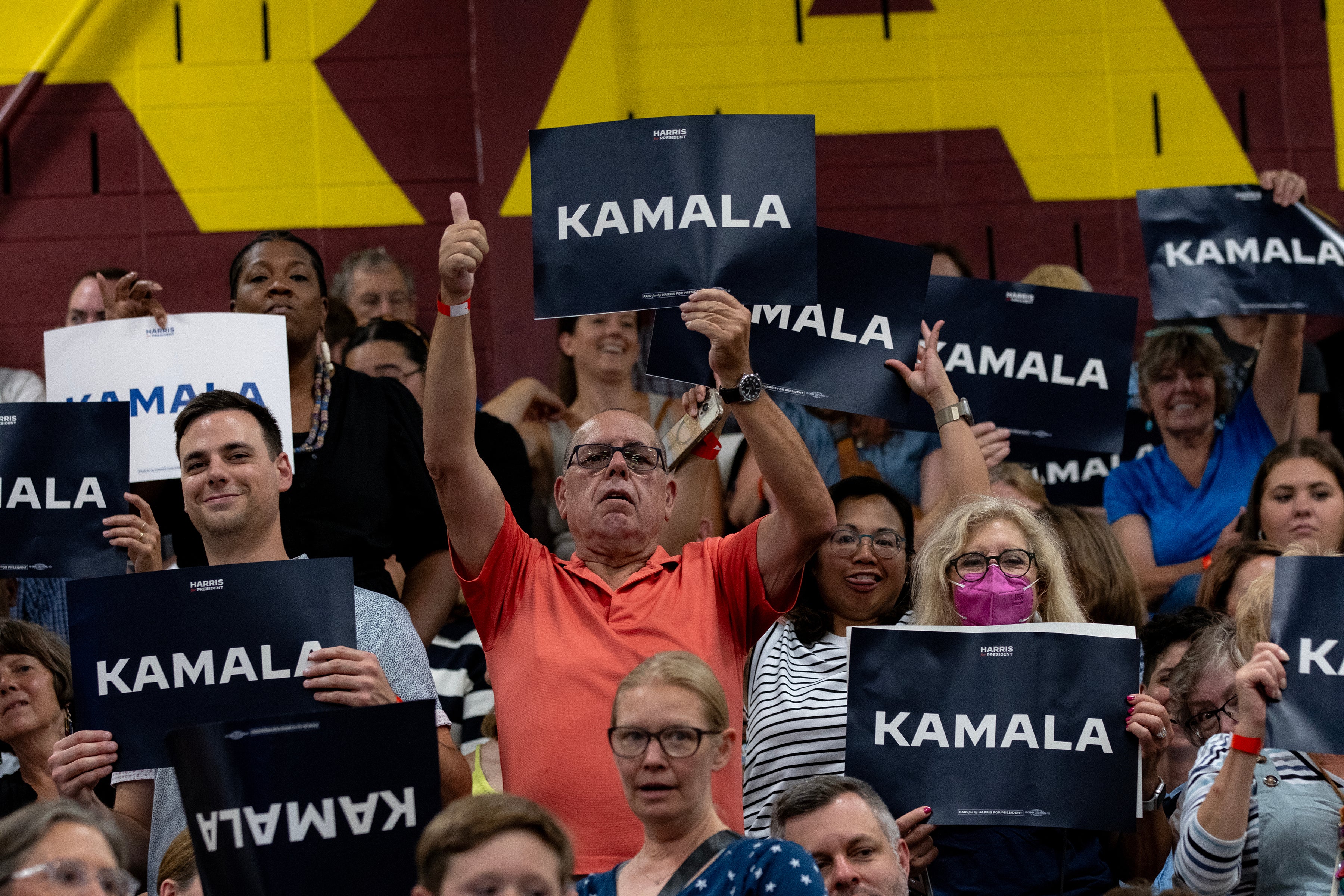 Supporters of Vice President Kamala Harris react to her speaking during a campaign rally at West Allis Central High School on July 23, 2024 in West Allis, Wisconsin