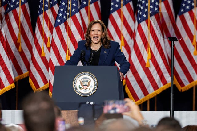 <p>Democratic presidential candidate Kamala Harris speaks at West Allis Central High School during her first campaign rally in Milwaukee, Wisconsin, on 23 July</p>