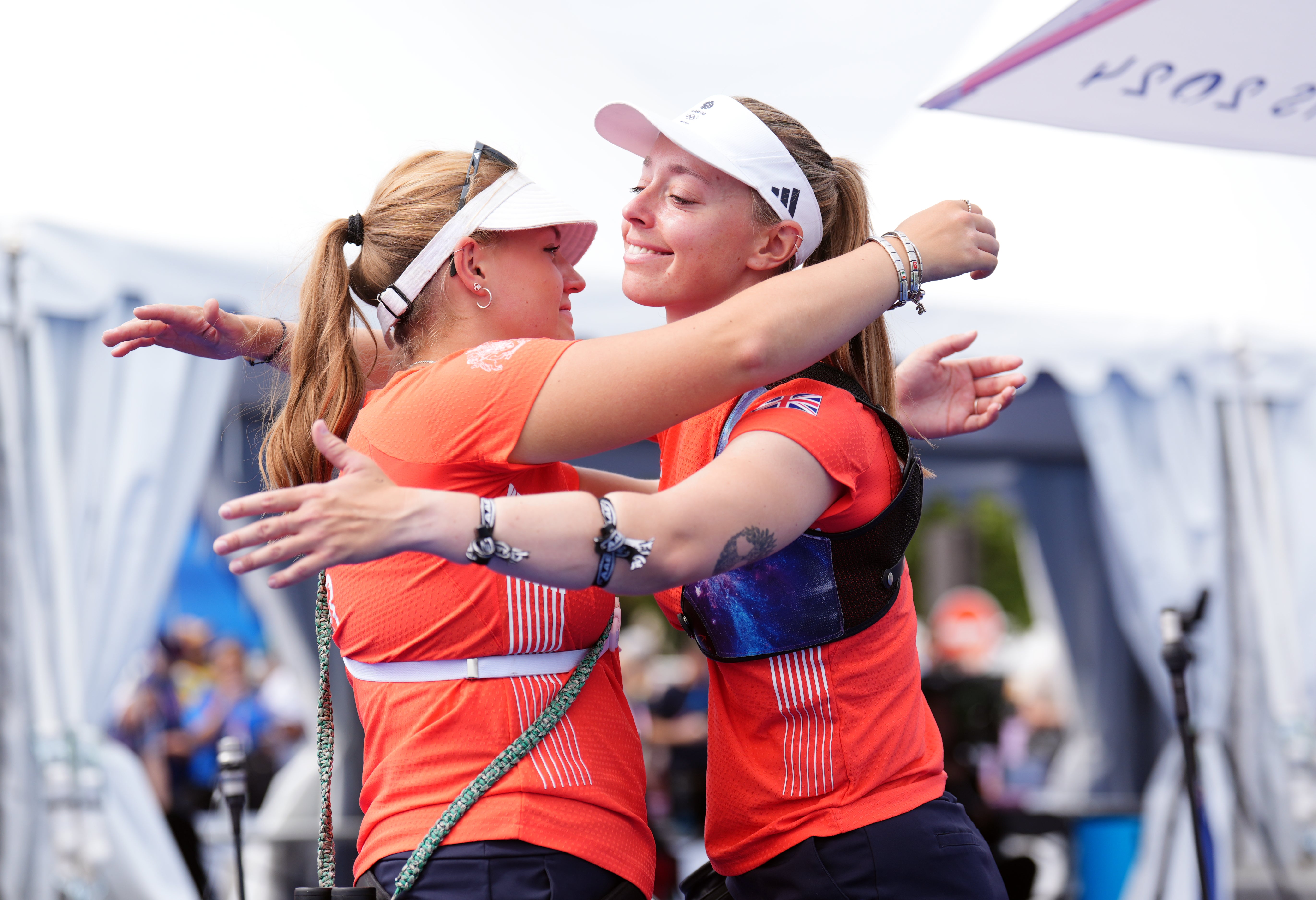 Great Britain’s Megan Havers (left) and Bryony Pitman following the women’s archery individual rankings round.