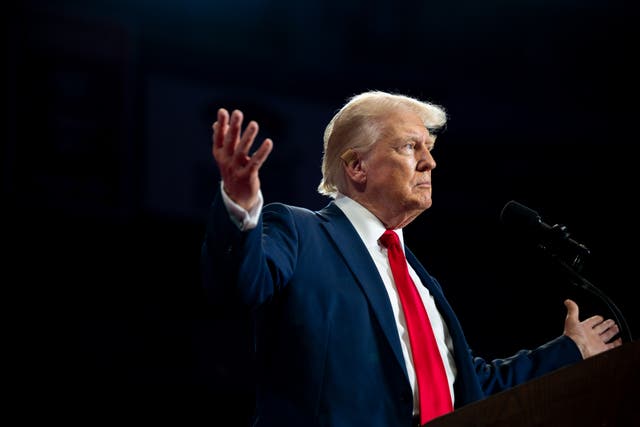 <p>U.S. Republican Presidential nominee former President Donald Trump arrives at his campaign rally at the Bojangles Coliseum on July 24, 2024 in Charlotte, North Carolina. He has suggested that burning the U.S. flag should result in one year in prison </p>