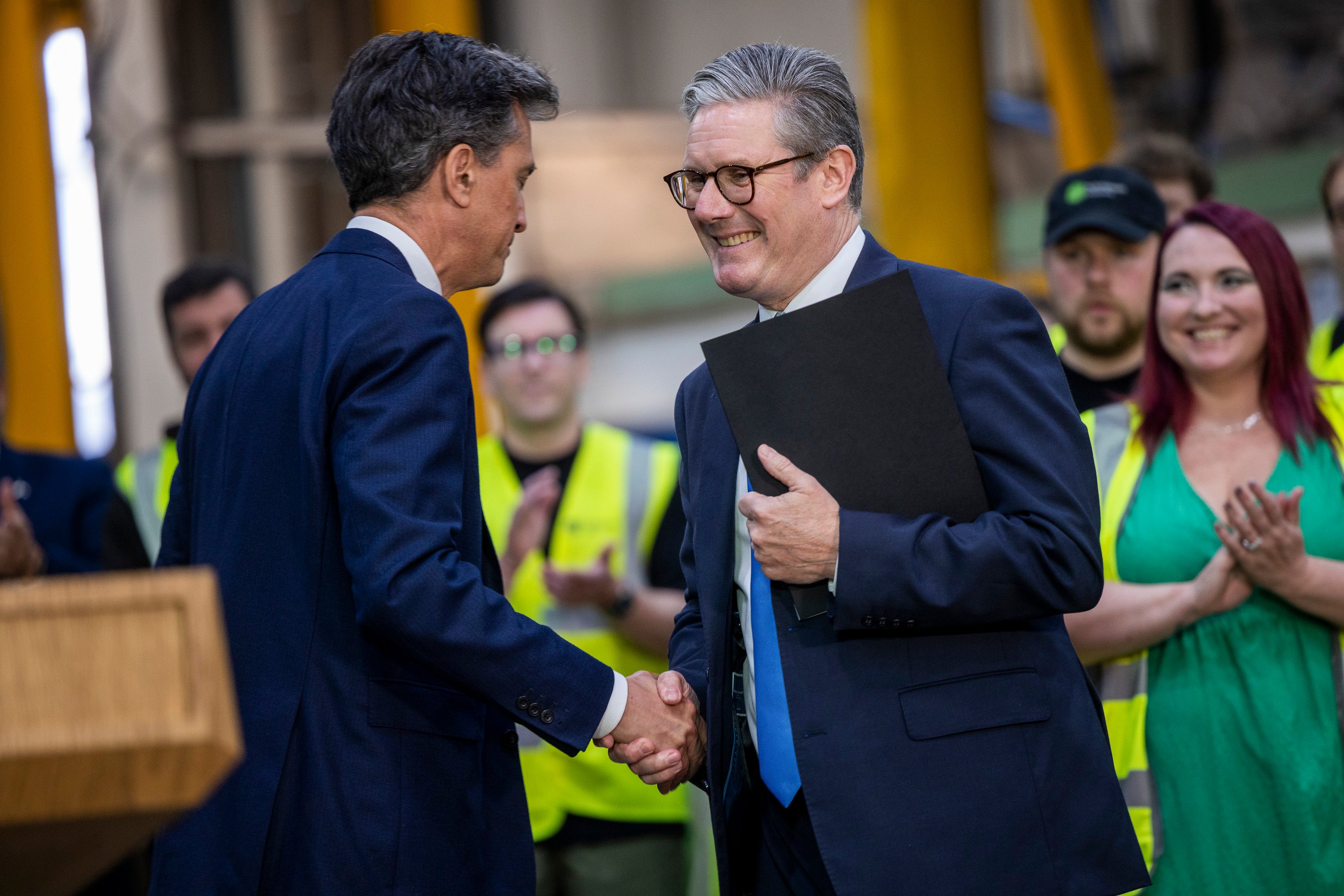 Keir Starmer and Ed Miliband at a wind turbine factory in Widnes, Cheshire