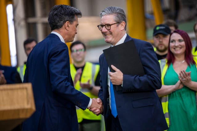 <p>Keir Starmer and Ed Miliband at a wind turbine factory in Widnes, Cheshire </p>