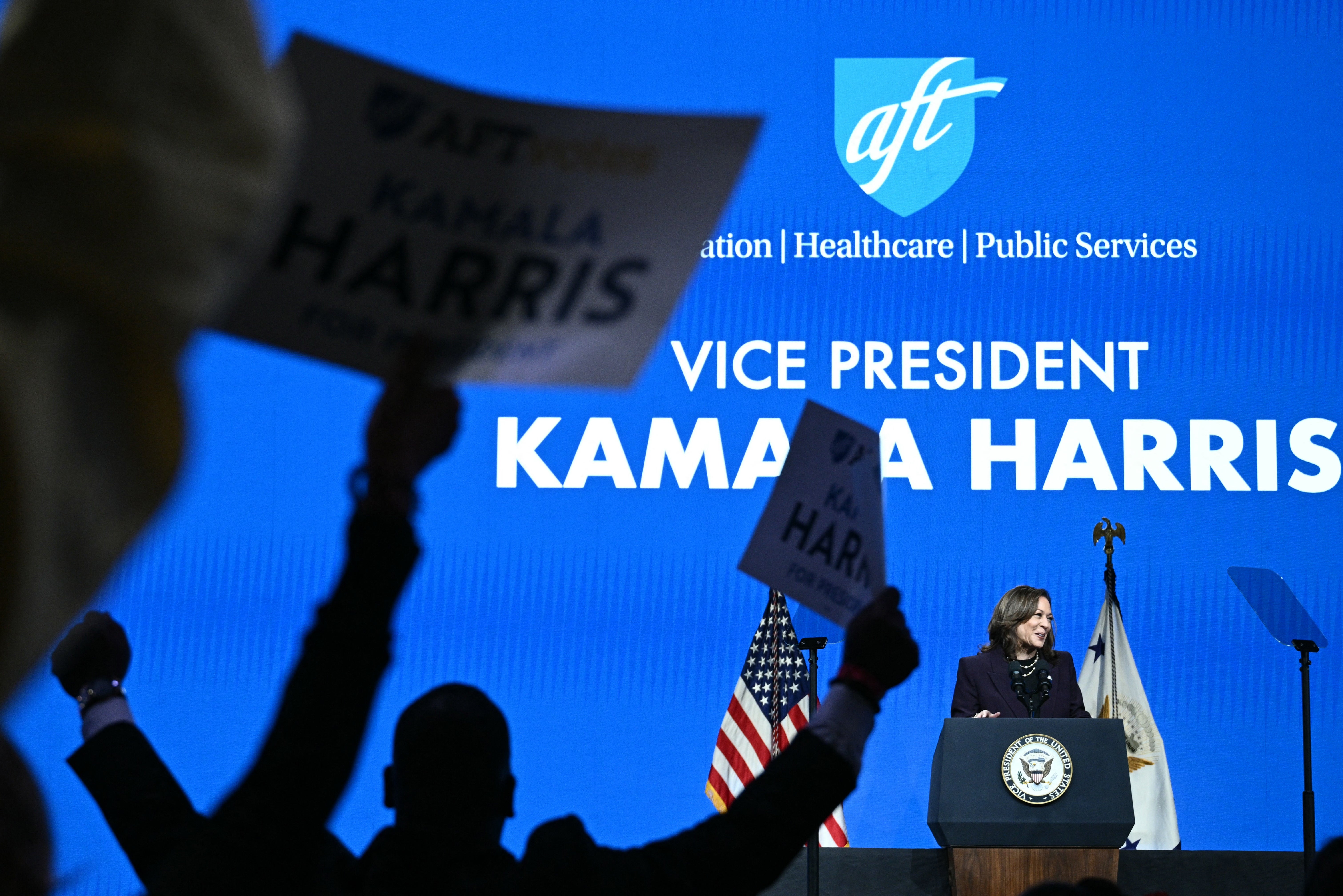 Kamala Harris speaks at the American Federation of Teachers in her first week as presumptive Democratic nominee for president